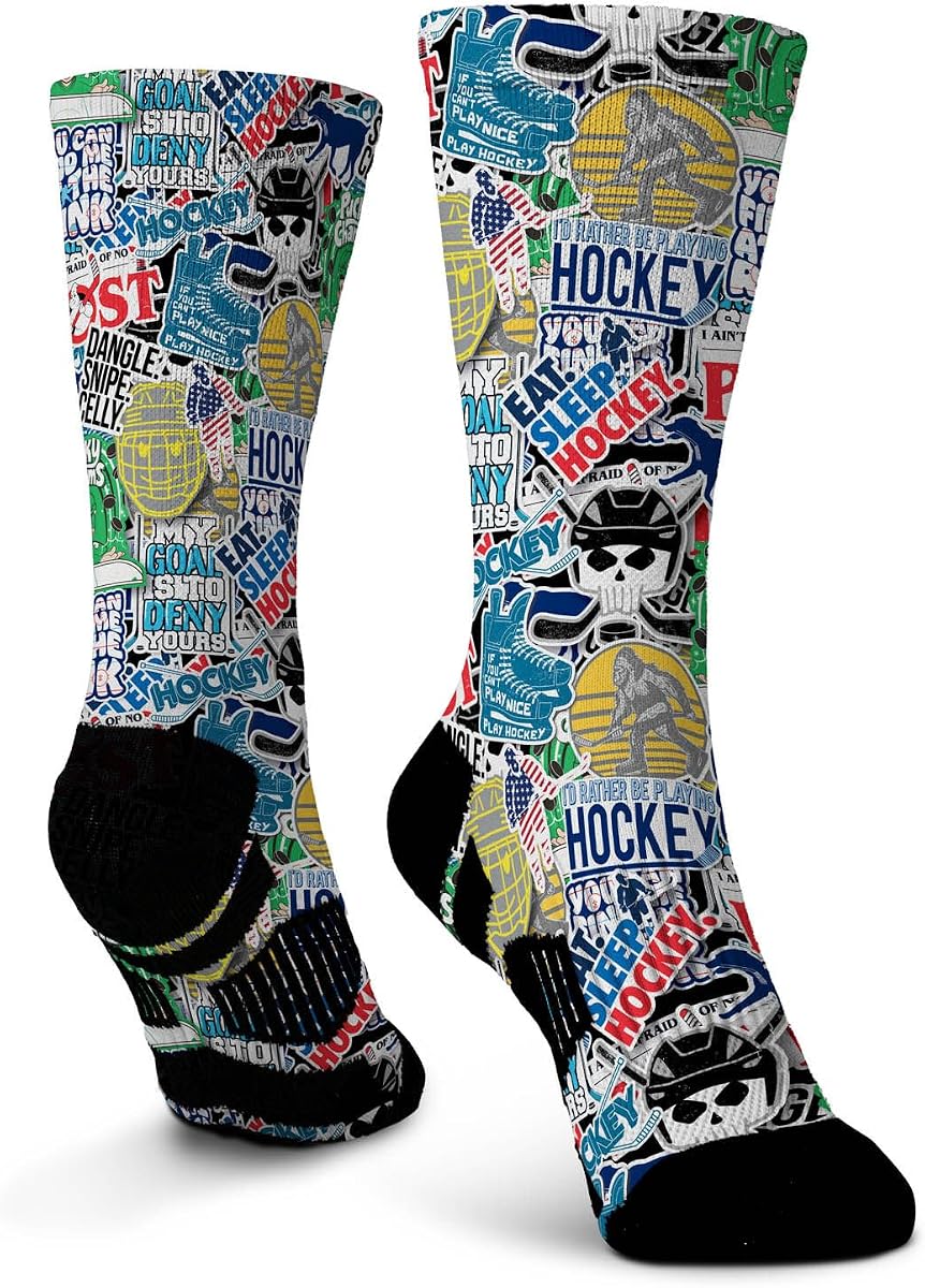 ChalkTalkSPORTS Hockey Crew Socks - Mid Calf GraphicFlex | Athletic and Casual Wear, Moisture-Wicking Yarn Blend, 80% Polyester Nylon Blend, Breathable Ventilation Zone, Arch Support