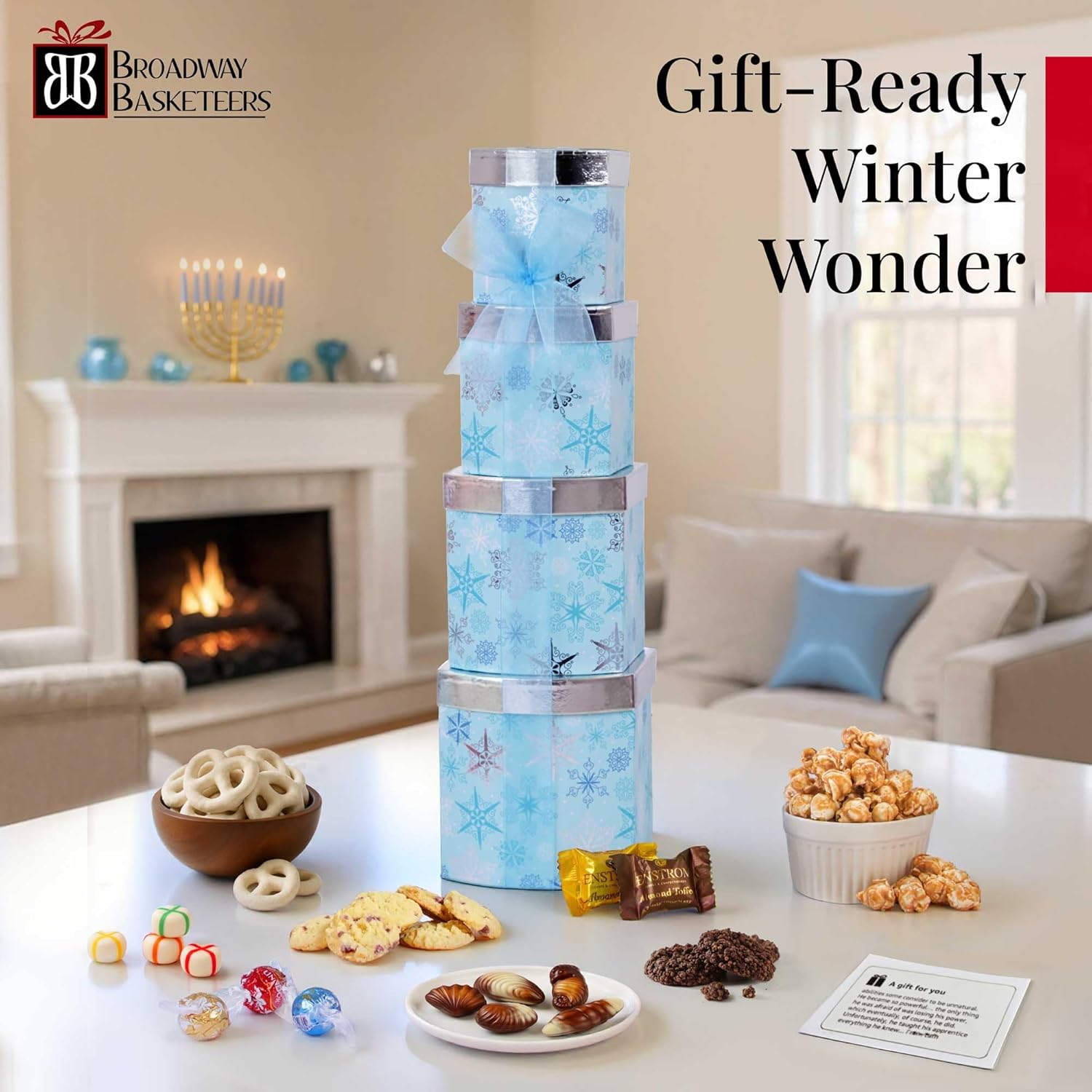 Broadway Basketeers Winter Wonder Gift Tower – Festive Chocolate, Cookies & Snacks Food Tower for Women, Men & Adults – Holiday Gift Set for Families, Friends, Neighbors, Office & Corporate