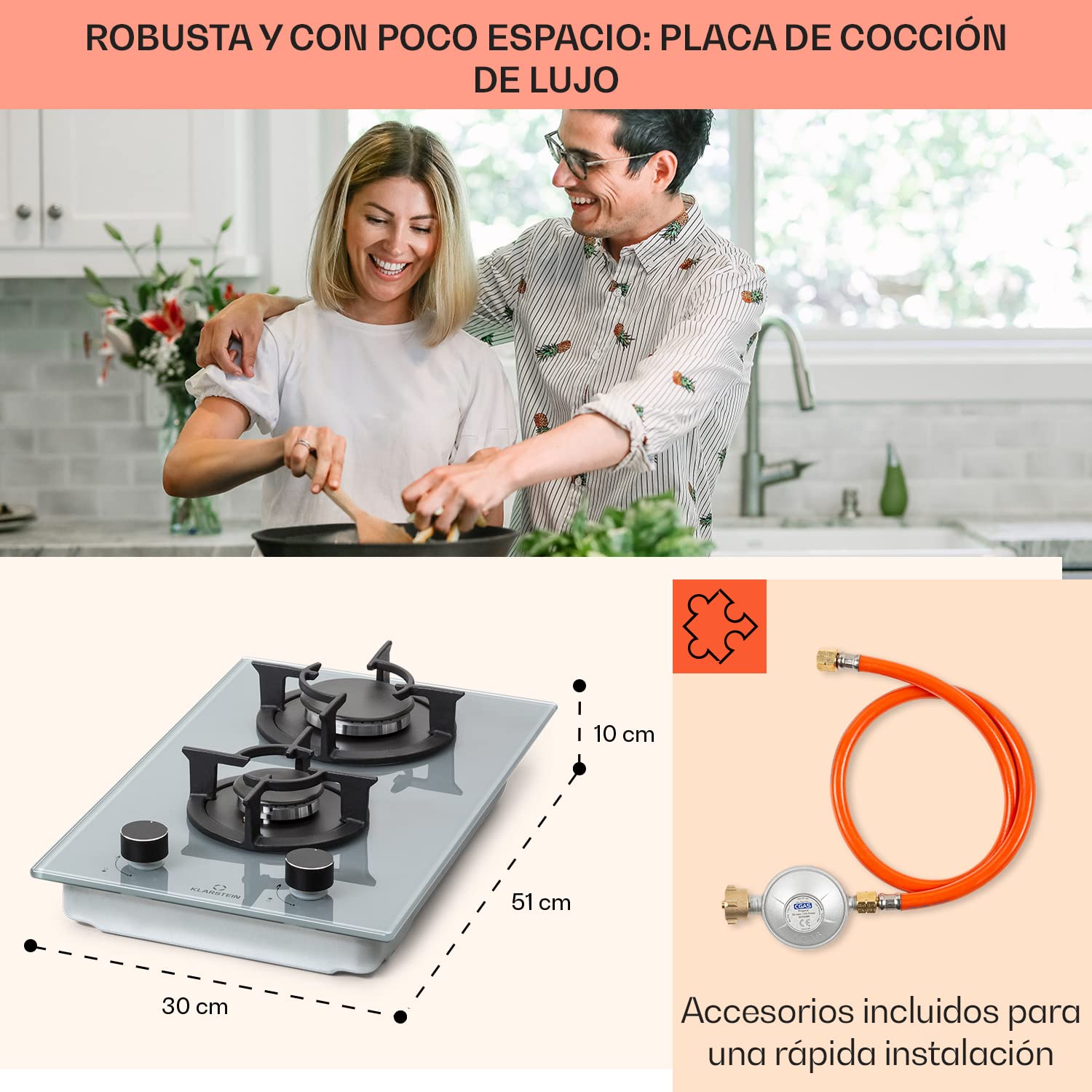 Klarstein Cocina de Gas Butano, Placa Gas 2 Fogones de 4200W, Hornillo Camping Portatil para Caravana, Encimera Placa Butano de Acero Inoxidable, Cocinas de Quemador de 2 Quemadores