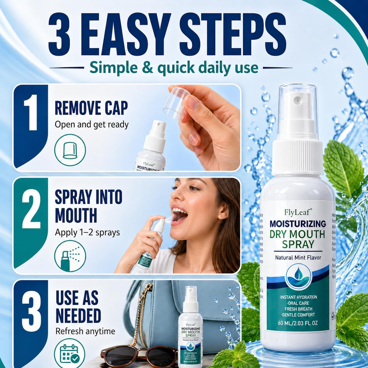 Dry Mouth Spray for Adults, Long-Lasting Oral Moisturizer, 2 Fl Oz
