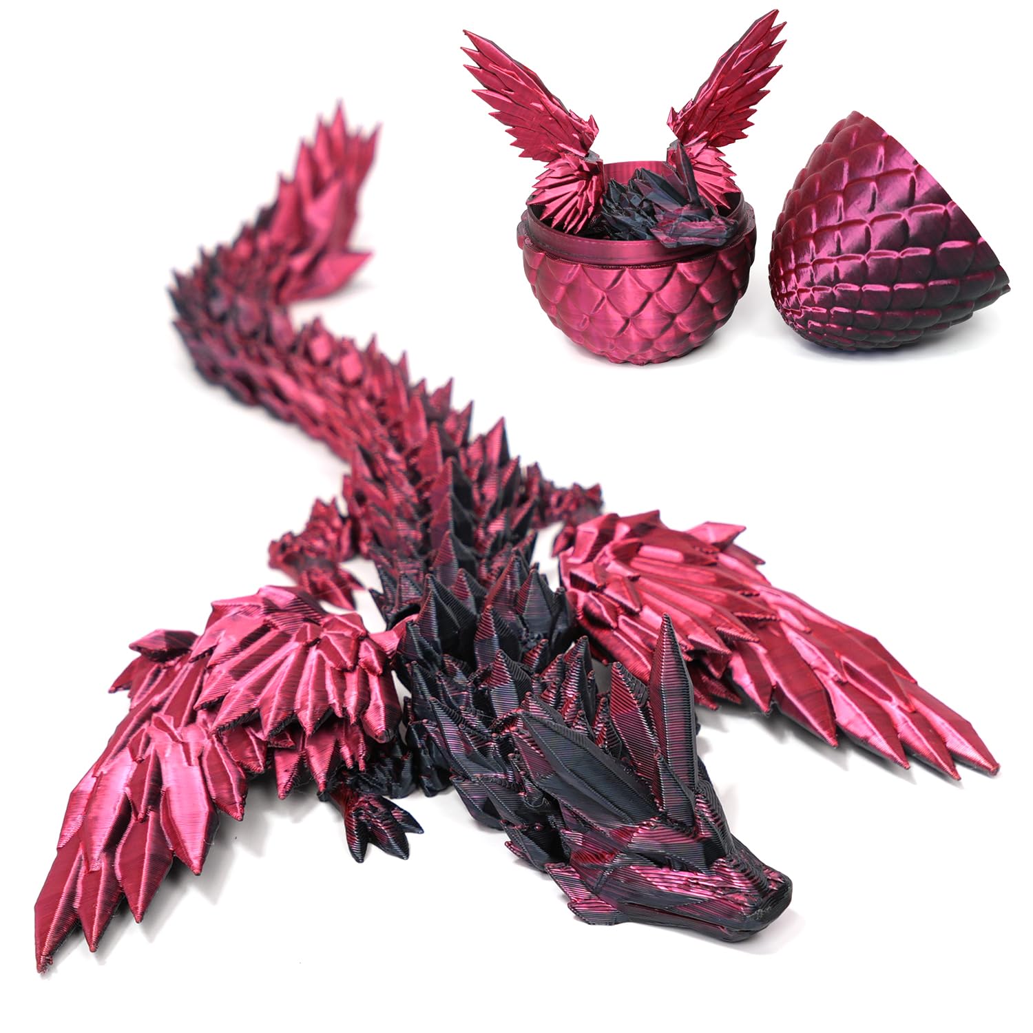 DUOCIYUAN 3D Printed Dragon in Egg, Full Articulated Crystal Dragon with Egg 3D Printed Fidget Toy Gifts for Kids and Adults for Christmas, Easter, Birthdays, Fun Desk Dcor (Black Red Pterosaur)