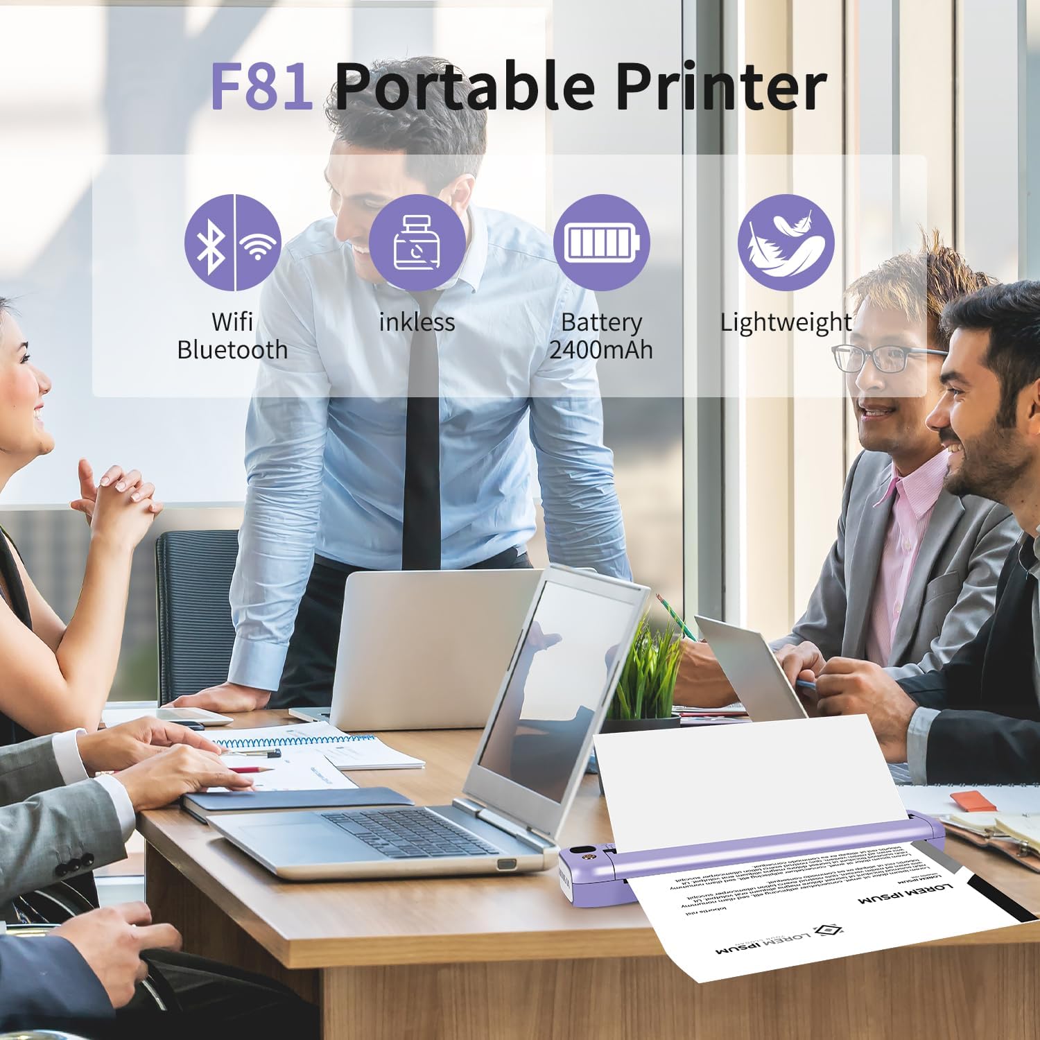 Rongta Portable Printer, Bluetooth Inkless Thermal Printer Wireless for Travel, Compatible with Android iOS Phone & Laptop, Supports 8.5" X 11" US Letter for Office, Home, Car, F81 (Purple)