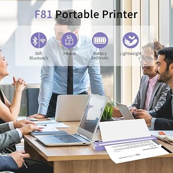 Rongta Portable Printer, Bluetooth Inkless Thermal Printer Wireless for Travel, Compatible with Android iOS Phone & Laptop, Supports 8.5 X 11 US Letter for Office, Home, Car, F81 (Purple)