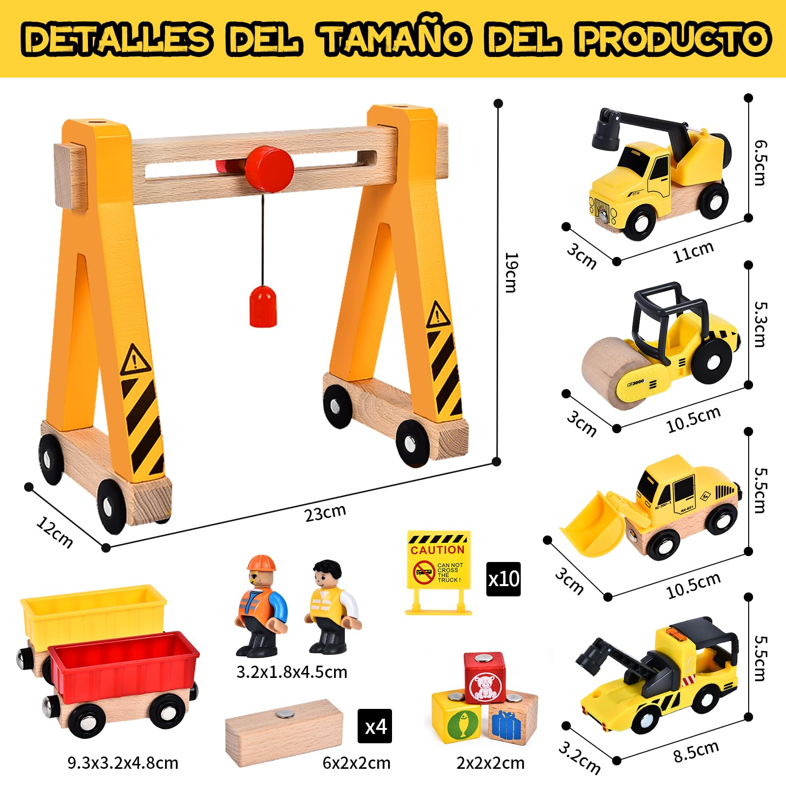 Herenear Vehiculos Construccion Juguete de Madera Niños, Vehículo de Construcción Magnético, Coche de Juguete con Camión Magnético de Construcción con Grúa, Bulldozer, Apisonadora, Grúa Pórtico