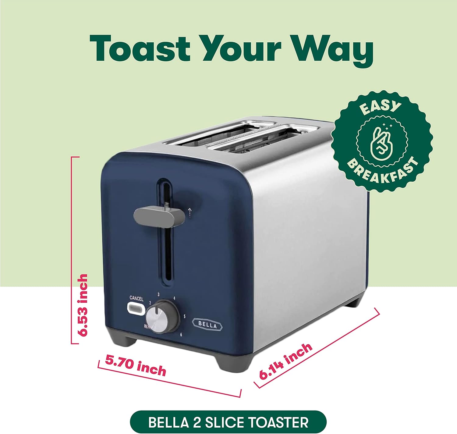 BELLA 2 Slice Toaster, Quick & Even Results Every Time, Wide Slots Fit Any Size Bread Like Bagels or Texas Toast, Drop-Down Crumb Tray for Easy Clean Up, Stainless Steel and Blue BELLA 2 Slice Toaster, Quick & Even Results Every Time, Wide Slots Fit Any Size Bread Like Bagels or Texas Toast, Drop-Down Crumb Tray for Easy Clean Up, Stainless Steel and Blue