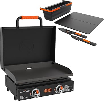 Blackstone Griddle 22 Inch, OTG Outdoor Tabletop Griddle with Built-in Hood, and Blackstone Accessories Cutting Board and Knives Set, Portable Grill for Camping, Tailgate Grilling, and Cooking