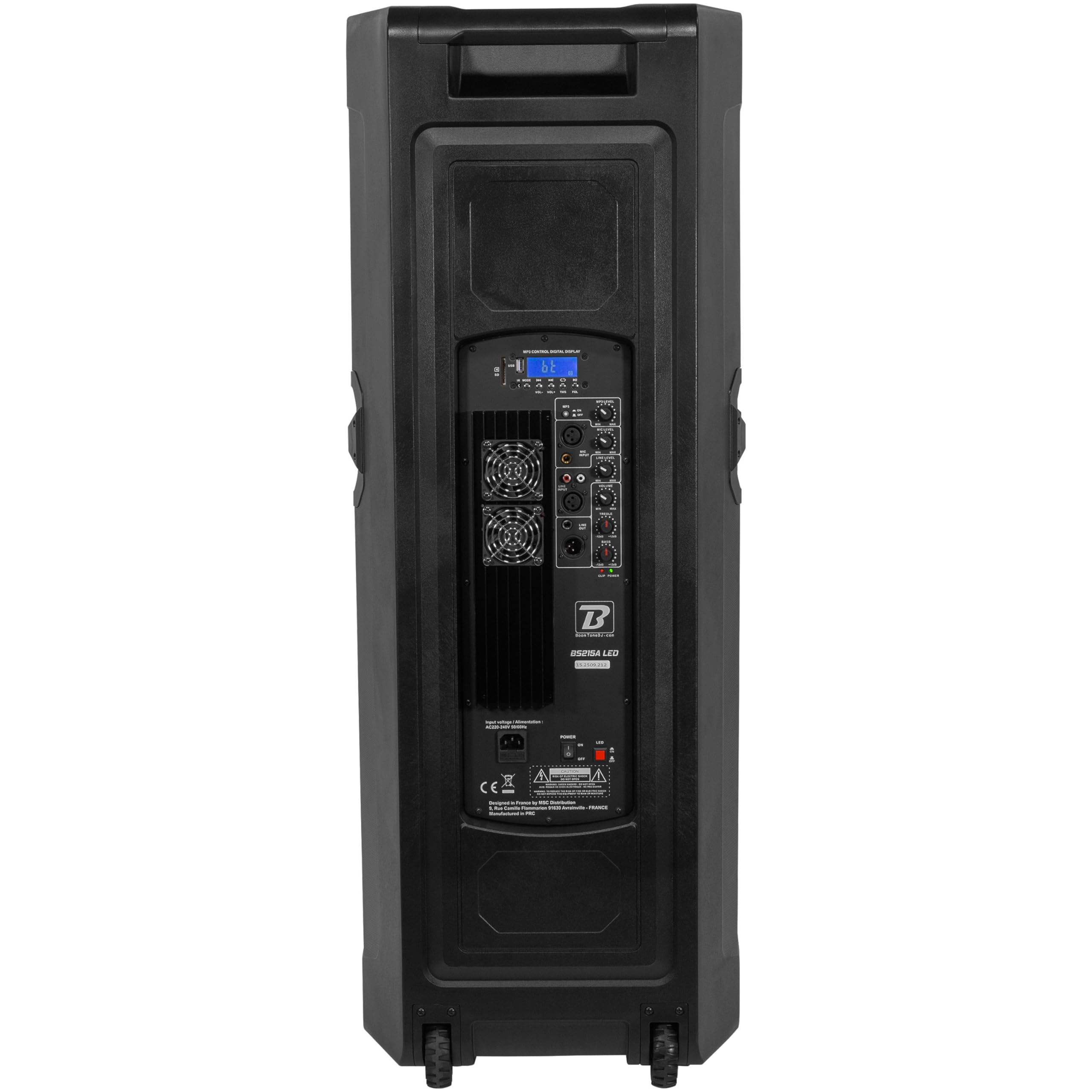 BoomToneDJ BS215A LED – Enceinte Sono Active 2x15 avec Bluetooth, USB/SD, Radio FM et éclairage LED intégré pour soirées, karaoké, Bars et événements. Puissance de 250 W RMS.