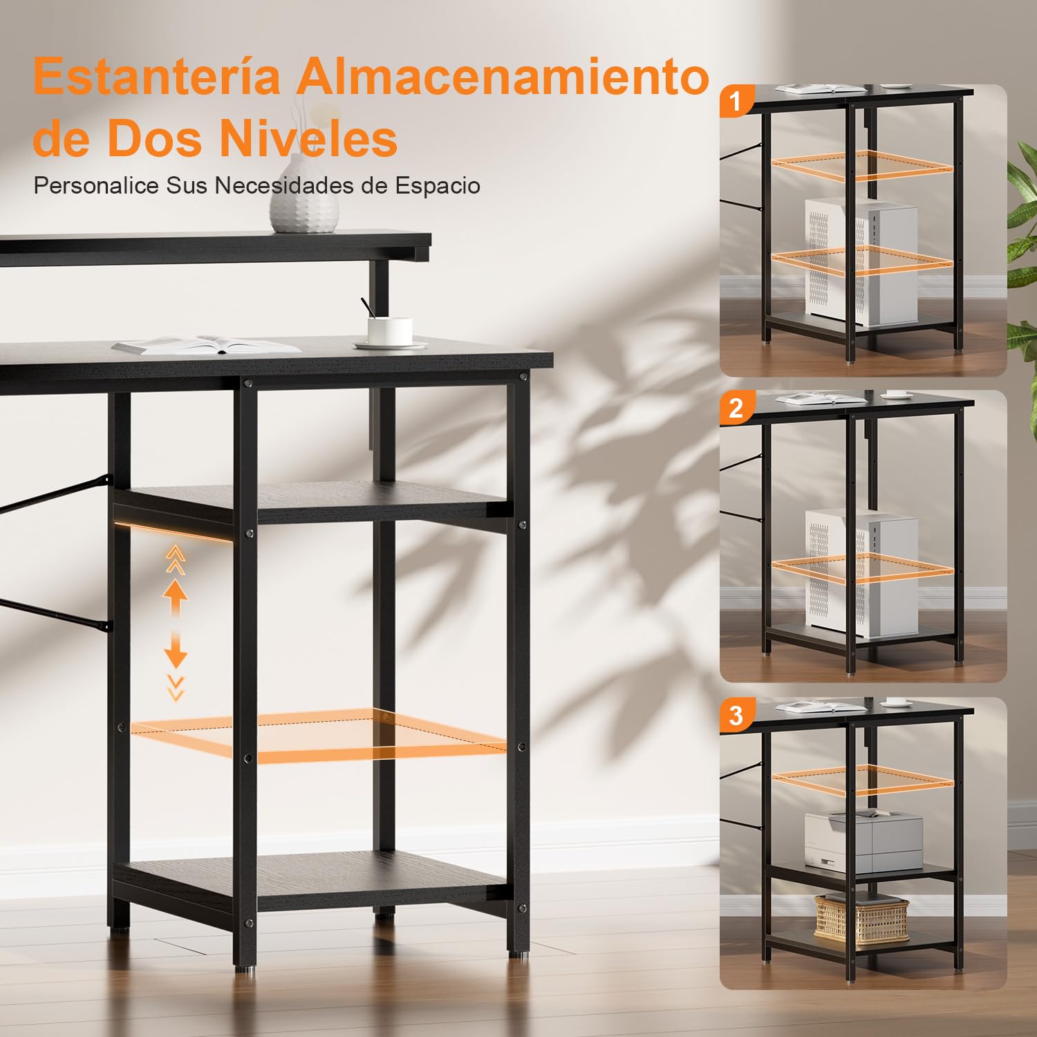 SOLAVERO LED Escritorio 100 x 48 cm, Mesa Escritorio Pequeña con Soporte de Monitor, Mesa Ordenador con Bolsa de Almacenaje, Estante Ajustables, para Oficina en Casa, Estudio y Juegos, Negro