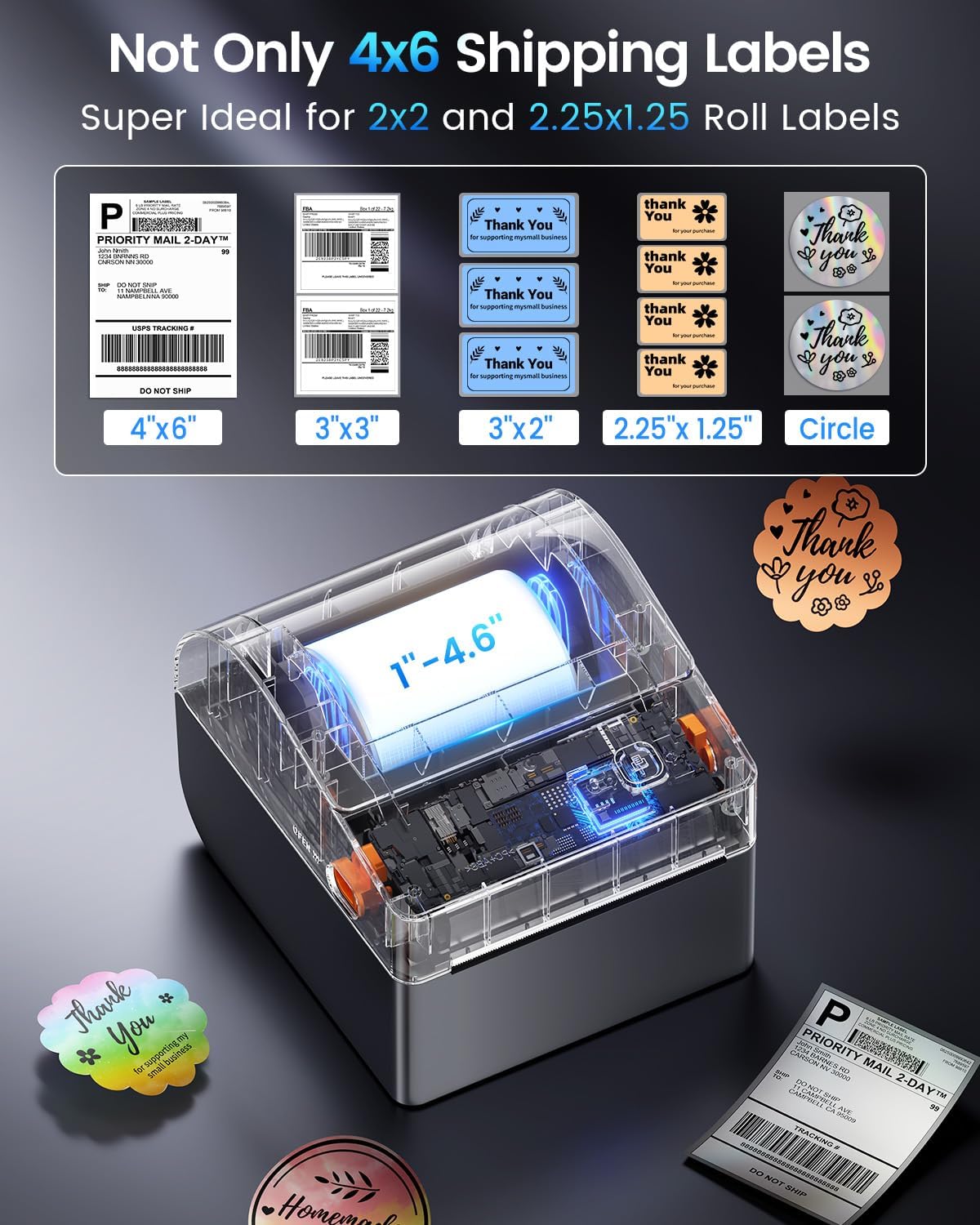 ASprink Bluetooth Shipping Label Printer 4x6, 2026 Upgraded Thermal Label Printer with Built-in Paper Bin, Thermal Printers for Small Business & Shipping Packages, Compatible with Amazon, Tiktok, USPS