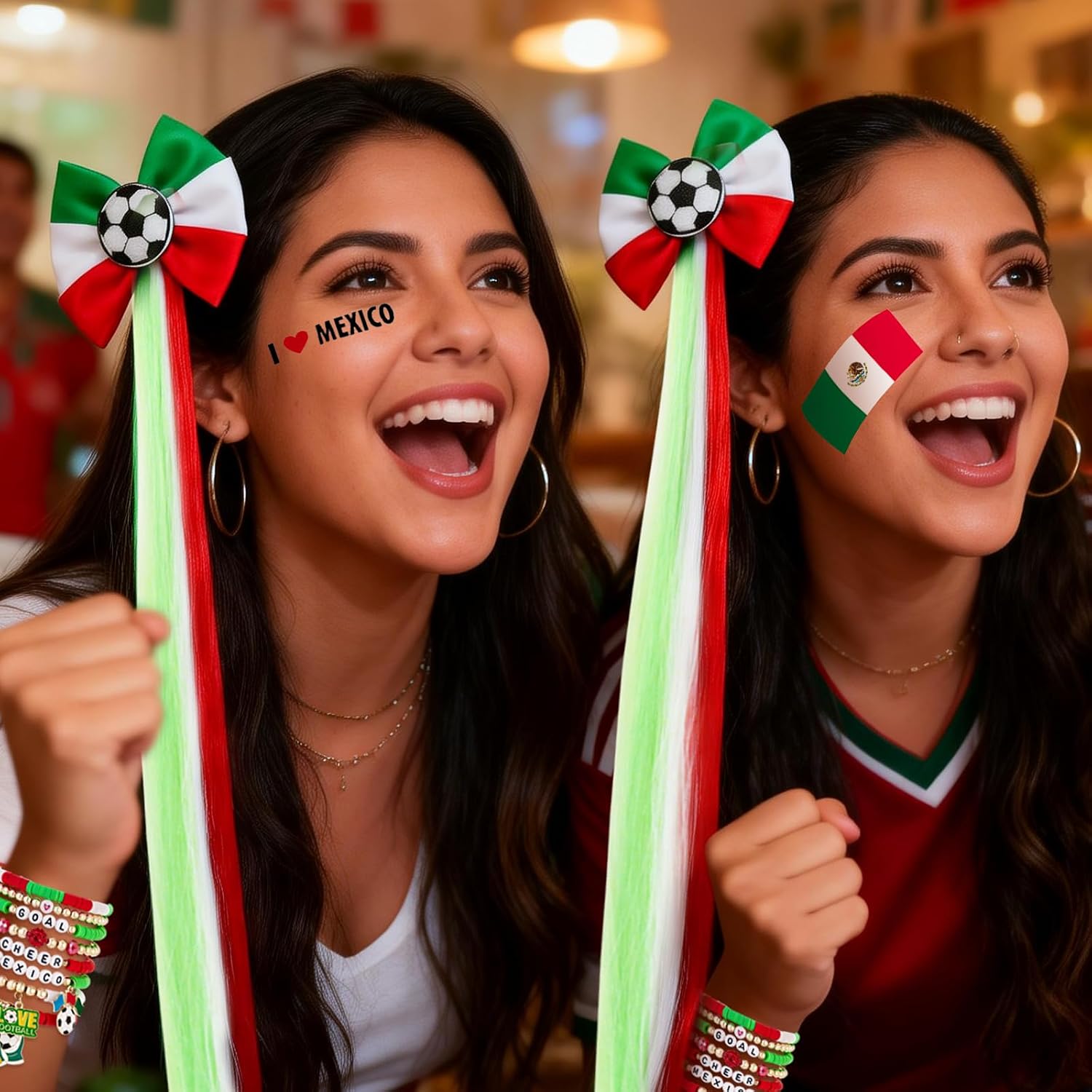 2026 Soccer BRAZIL Adult Supporter Kit – 7PCS National Team Fan Accessories with Wig Hair Clip, Bracelets & Patriotic Face Decals for Stadium Events & Game Day (MEXICO)