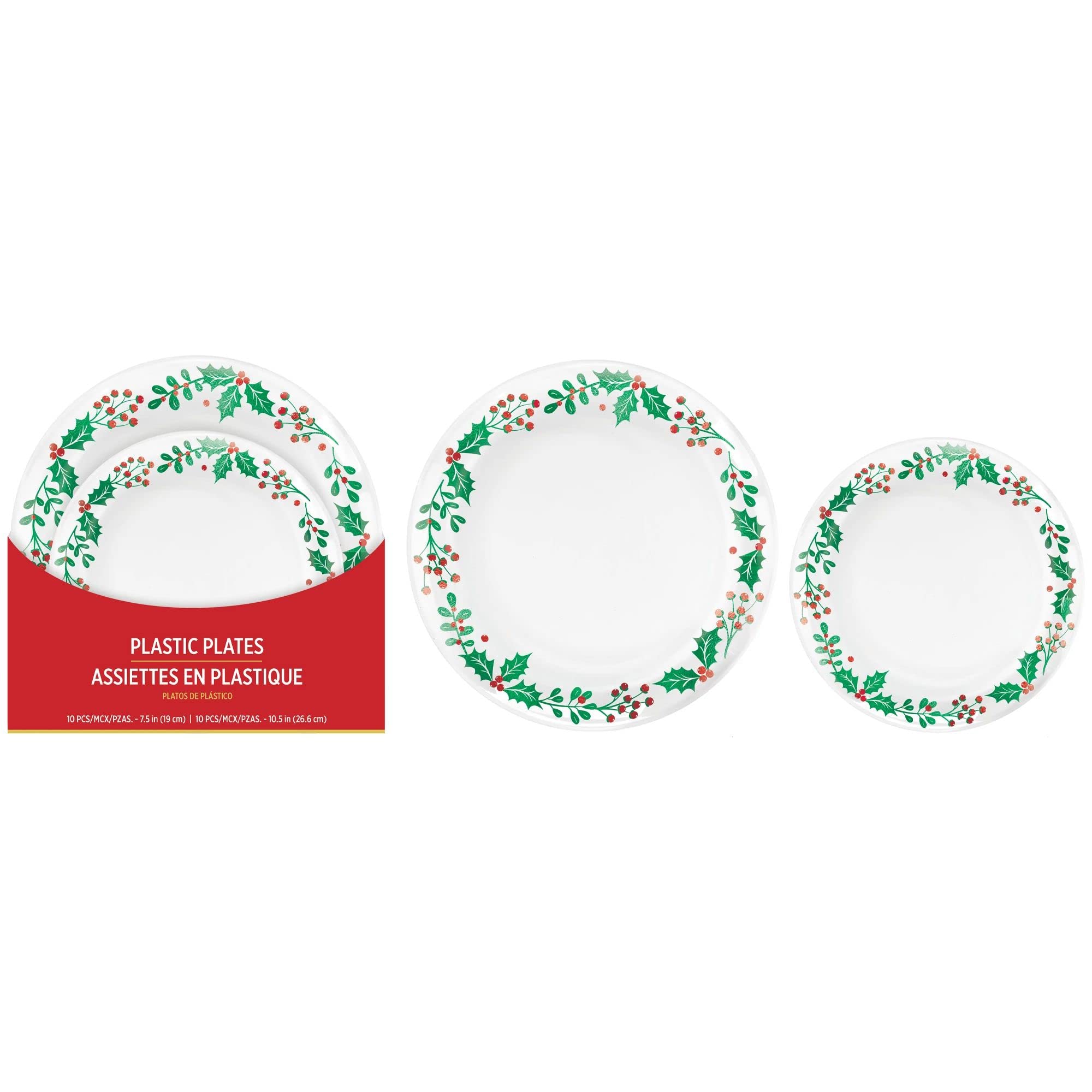 Assiettes de Noël houx amscan plastique blanc grand format 27 cm lot de 20