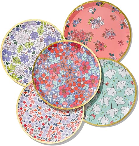 Coterie Full Bloom - Platos de papel floral (juego de 10 platos grandes de papel de primavera), platos desechables para fiestas de té, despedidas de