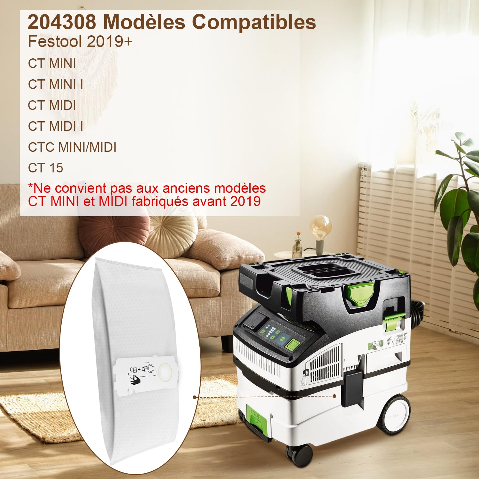 Lot de 10 Sacs à Poussière pour aspirateur Festool CT MINI/MIDI 2019+,Sac Filtre SELFCLEAN SC-FIS-CT MINI/MIDI-2/5/CT15 pour Festool,204308