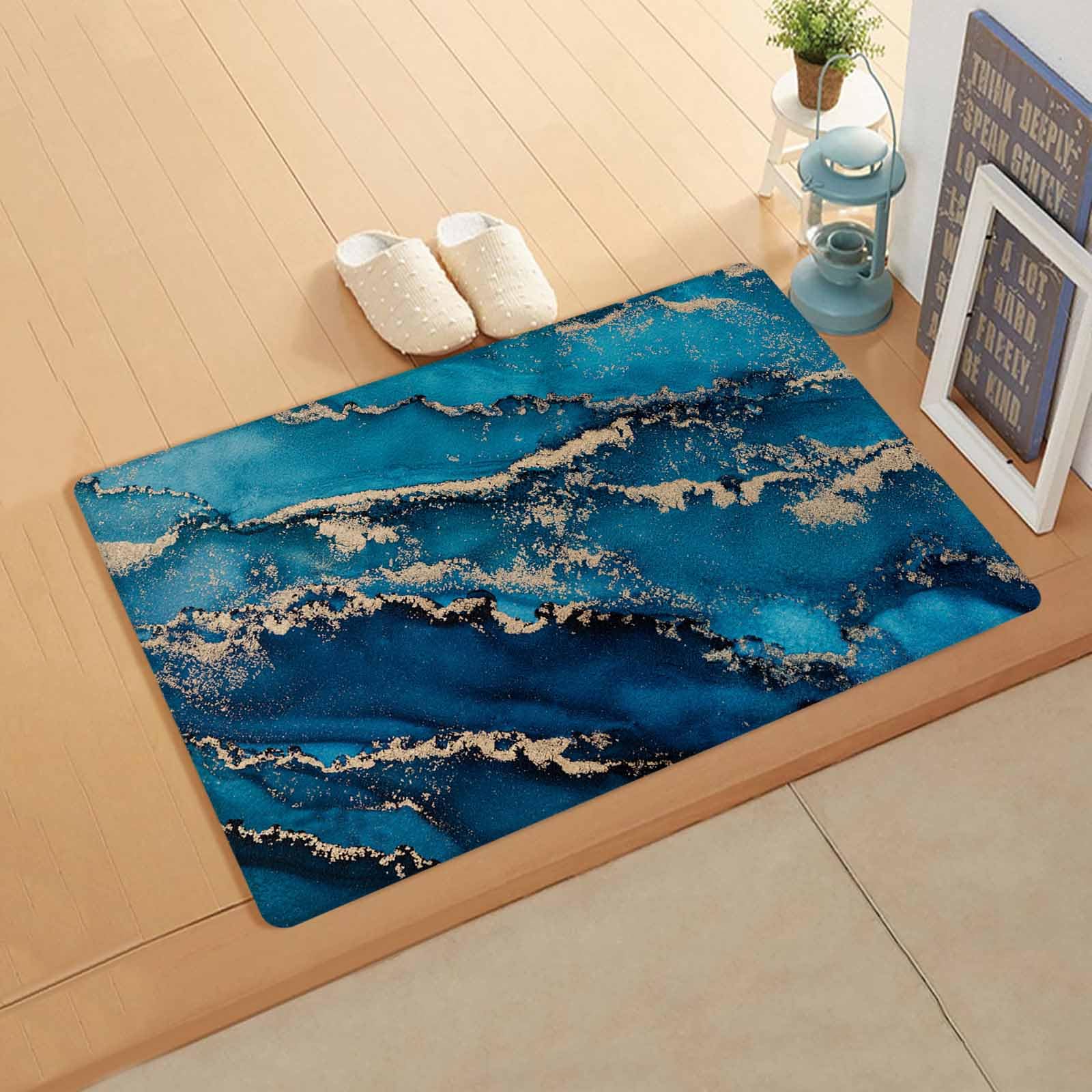 Marble Blue Kitchen Bath Door Mat Cushioned Runner Rug,Washable Welcome Floor Sink Antifatigue Mat,Waterproof & Non-Slip Comfort Standing Doormat,Abstract Watercolor Contemporary Art 18