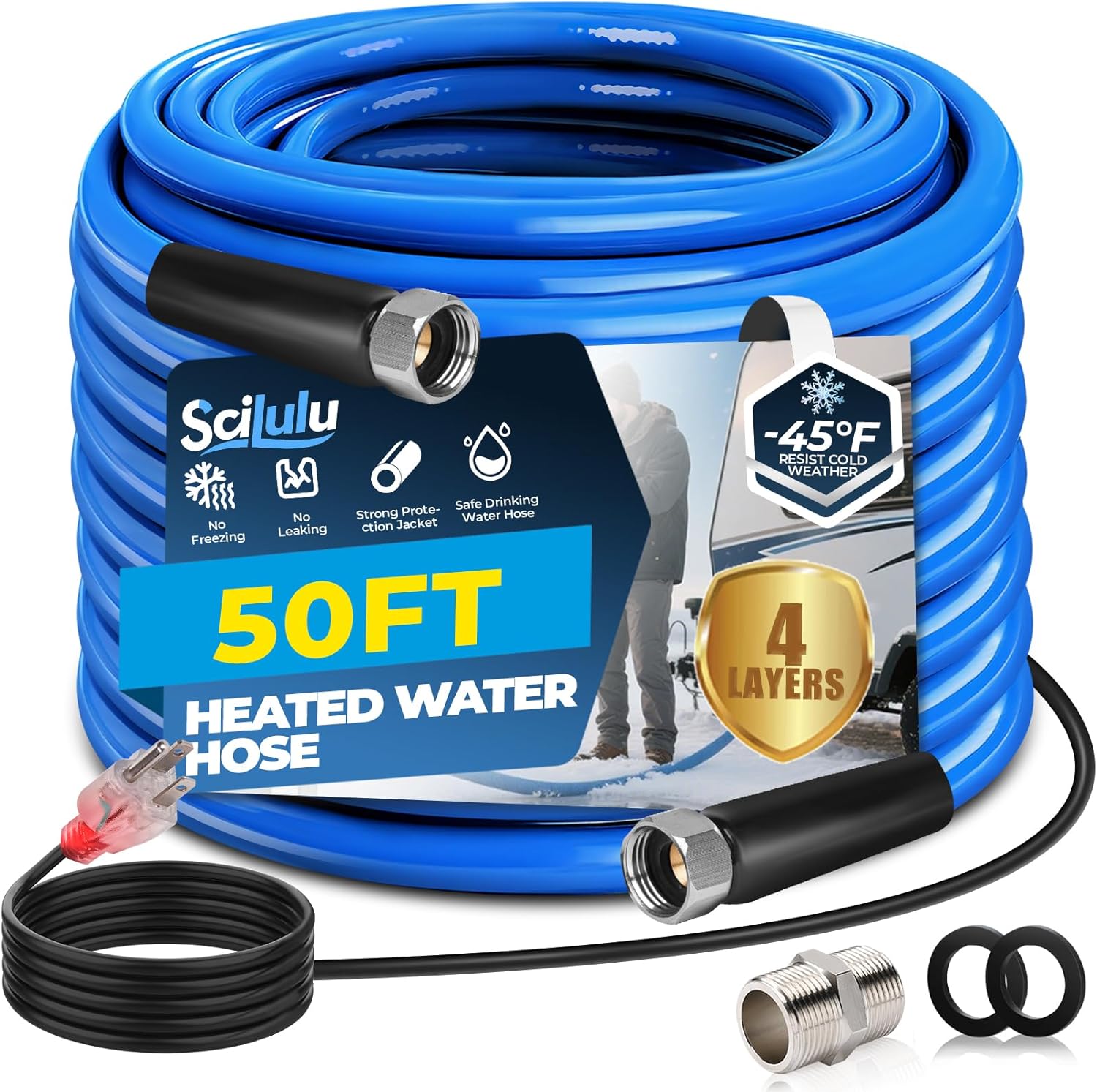 50FT Heated Water Hose for RV, Freeze Protection to -45F, Lead-Free & BPA-Free, Safe Drinking Water for Campers, Gardening, Livestock, Home Use