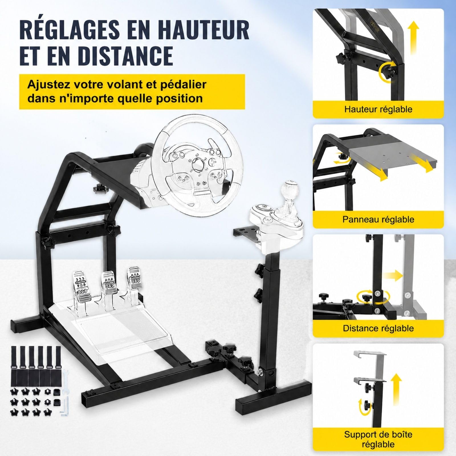 Support de volant de course noir réglable avec support pour pédales et levier de vitesse, pour installation de simulation à domicile