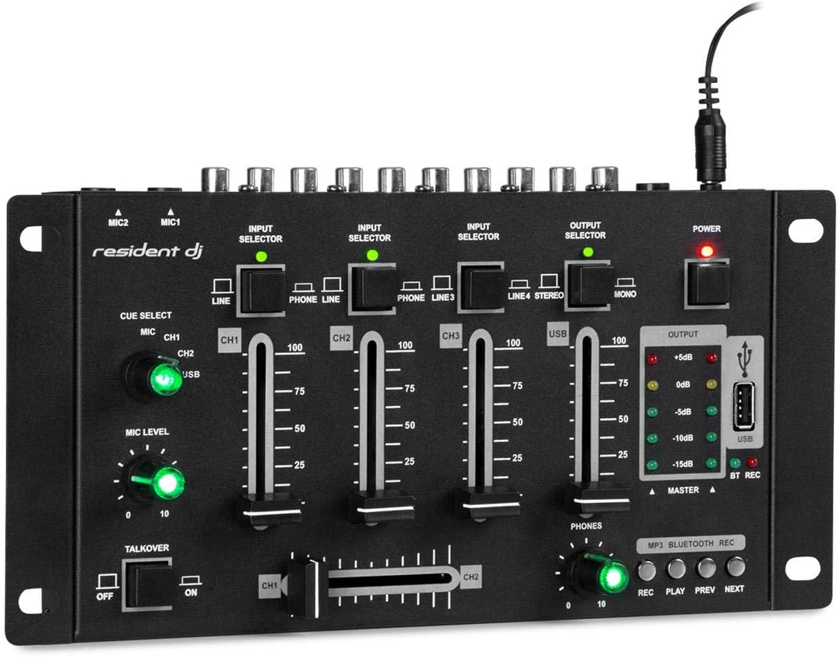 resident dj Amnesia - 4-Channel Mixer, Mixer, Bluetooth, MP3-Compatible USB Port, Microphone & Headphone Volume Continuously Adjustable, 2 x 6.3mm Jack Microphone Input, Metal Chassis, Black