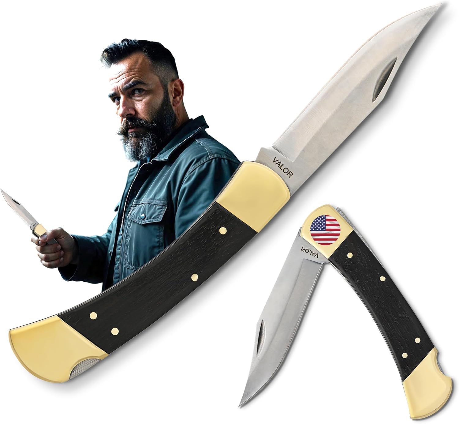 Dedoes Valor Folding Knife. Lockback SS440A Stainless Steel Blade with Polished Ebony Wood Handle. Traditional Pocket Knife, Compact 4.8-Inch Folded Design. Everyday Carry Tool for Men and Women