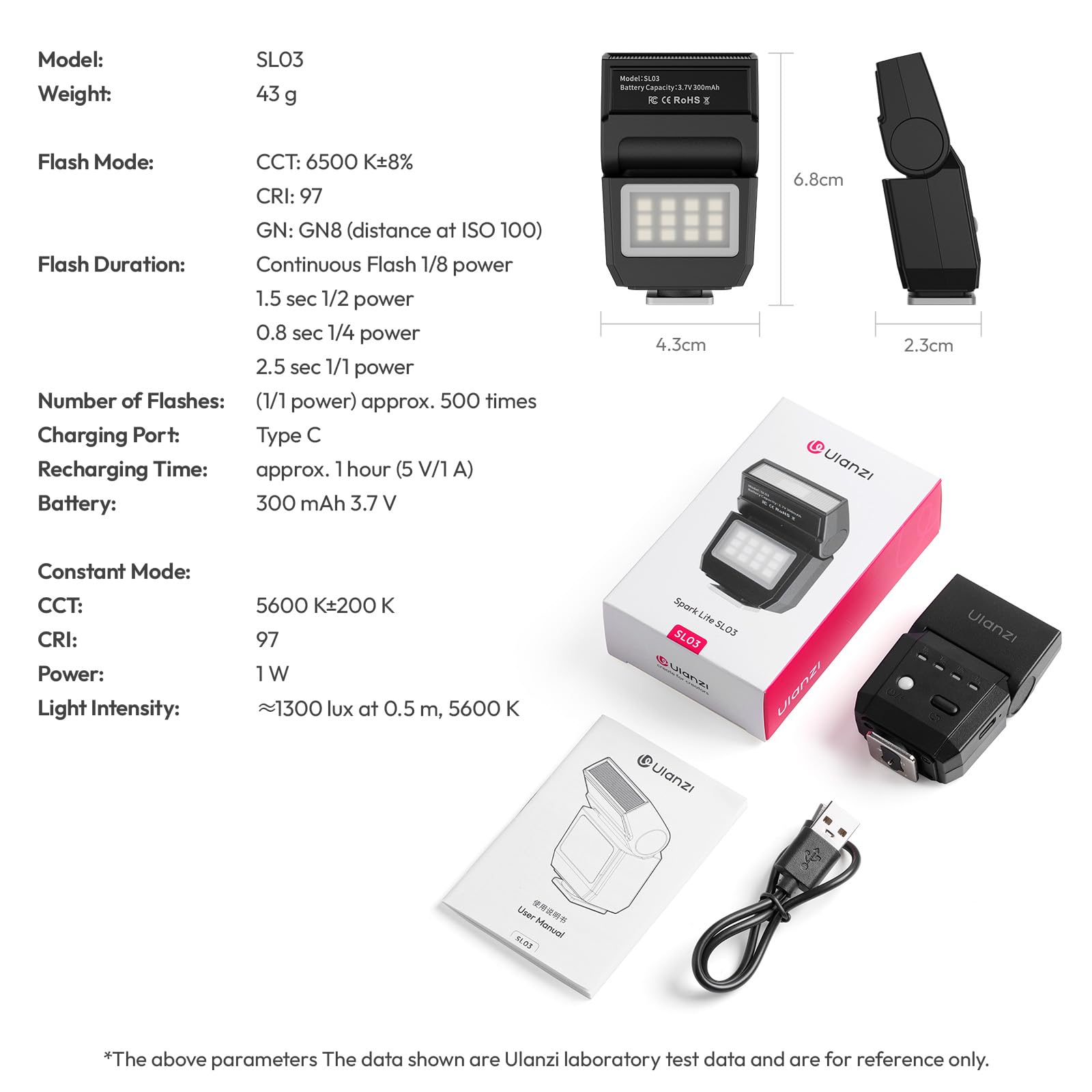 ULANZI SL03 Mini Flash avec éclairage vidéo, Speedlite GN8 6500K, Angle réglable à 90°, 4 Niveaux de Puissance, Mini Flash Manuel, Griffe Porte-Accessoire à Contact Unique pour Sony/Canon/Fuji, Noir