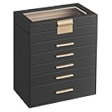 SONGMICS Jewelry Box Organizer with Glass Lid, 6-Layer Jewelry Storage, with 5 Drawers, Modern Style, Christmas Gift, 6.4 x 9.9 x 11.4 Inches, Graphite Black and Gold Color UJBC171B01