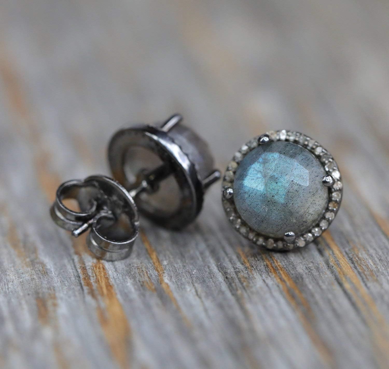 Labradorite Pave Diamond Gemstone Stud Earrings- Oxidized Sterling Silver-April Birthstone-Women's Jewelry Gift Idea - Image 4