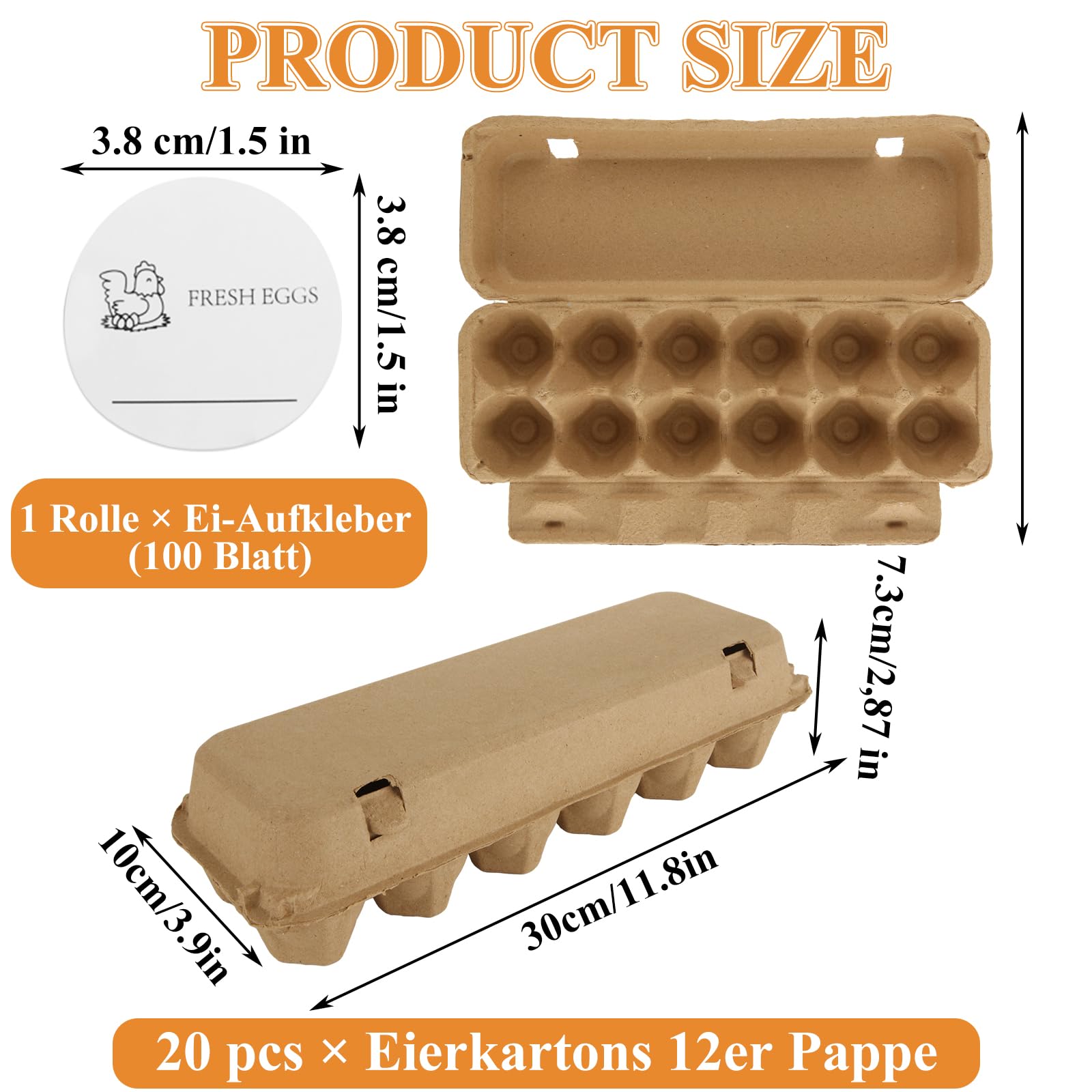 Cajas de cartón para huevos, 12 unidades, cartón para huevos, 20 unidades, cartón con tapa para 12 huevos con pegatinas, biodegradables para huevos (marrón)