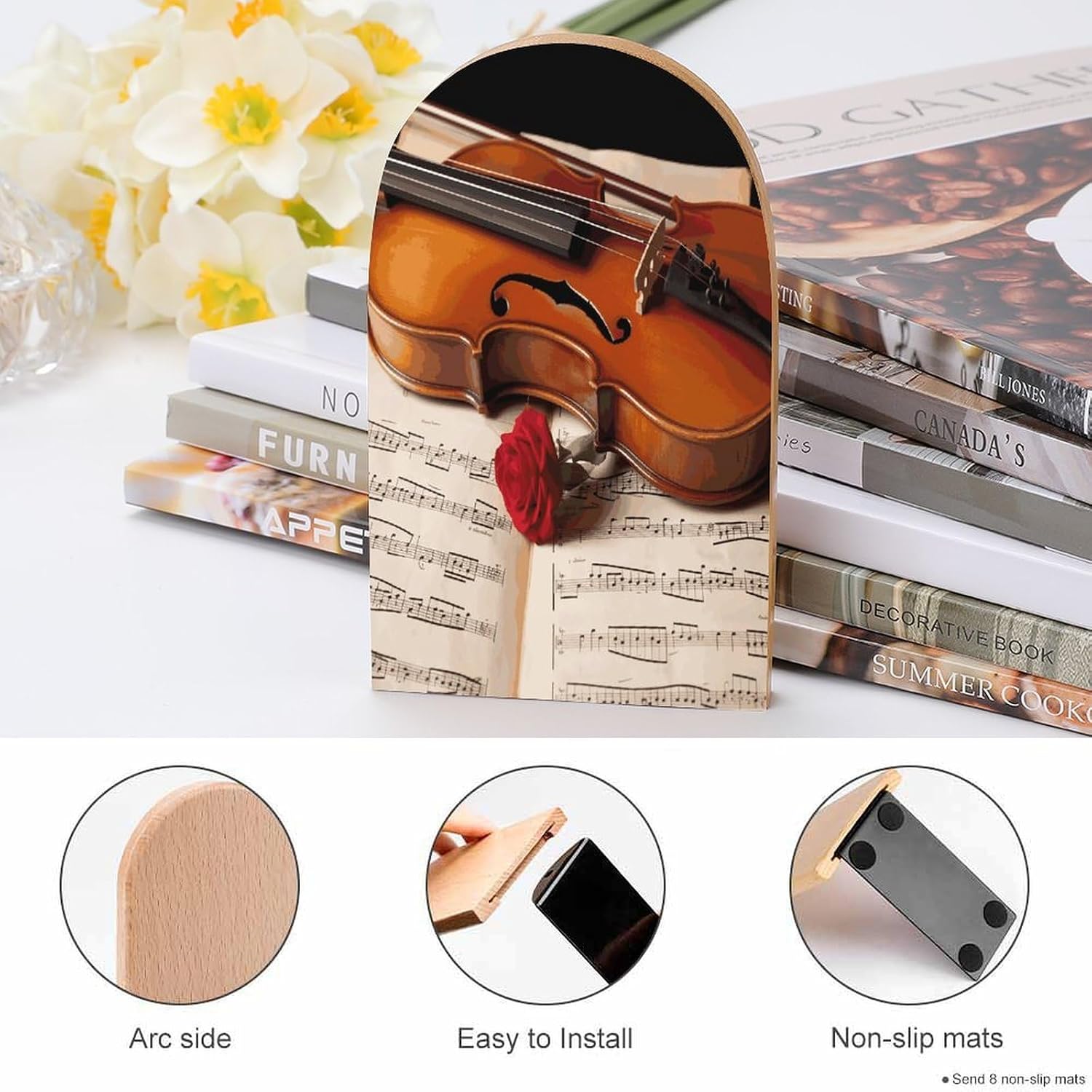 Violin Sheet Music Bookend for Shelves Fashion Modern Wood Book End with Non-Slip Metal Base Universal Economy Bookend Book Organizer for Home Office Desk Accessories 1 Pair image 4