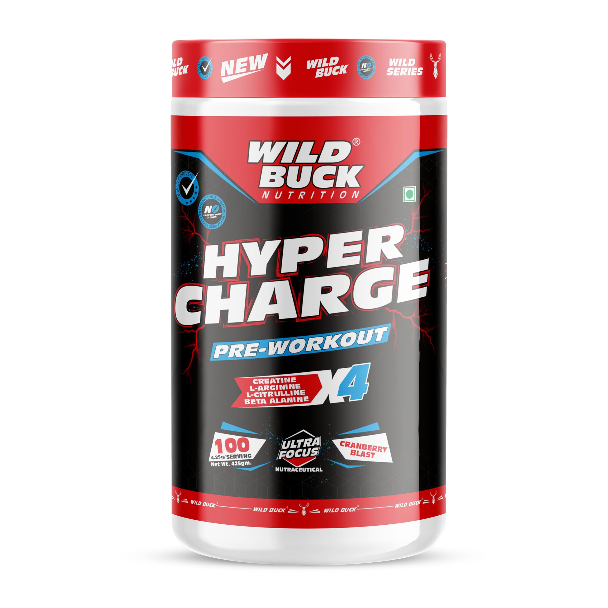 Wild Buck Hyper Charge Pre-X4 Hardcore Pre-Workout Supplement with Creatine Monohydrate, Arginine AAKG, Beta-Alanine & Muscle Pump Formula | Caffeinated Punch for Explosive Energy, Focus & Strength [100 Servings, Cranberry Blast]