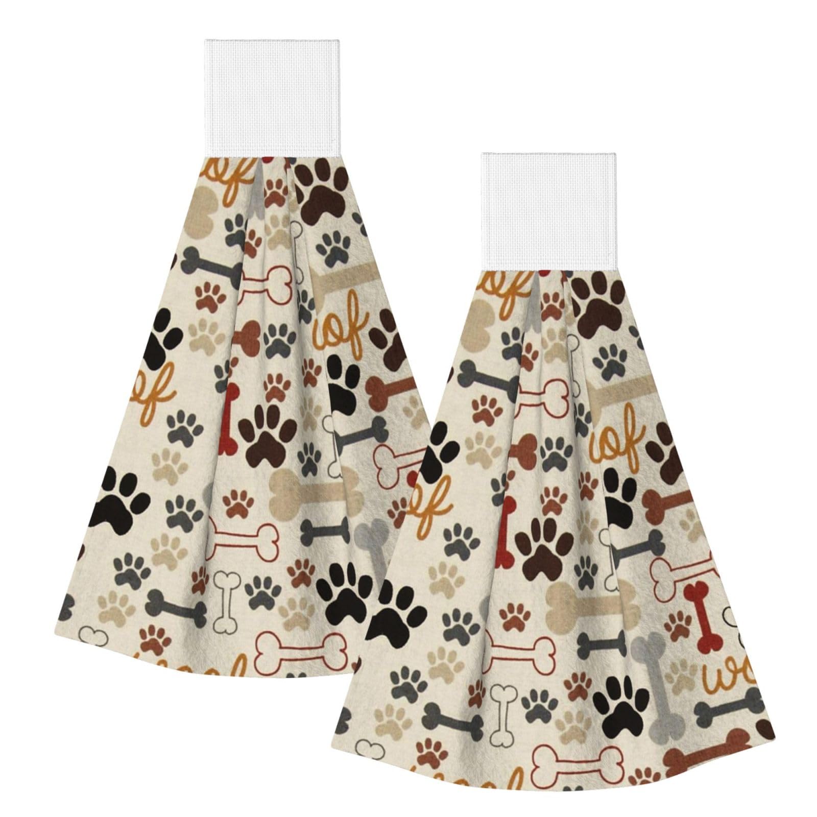 DOPKLNA Dog Paws And Bones, 2 Pcs Hanging Coral Fiber Hand Towels for Bathroom, Absorbent Kitchen Towels