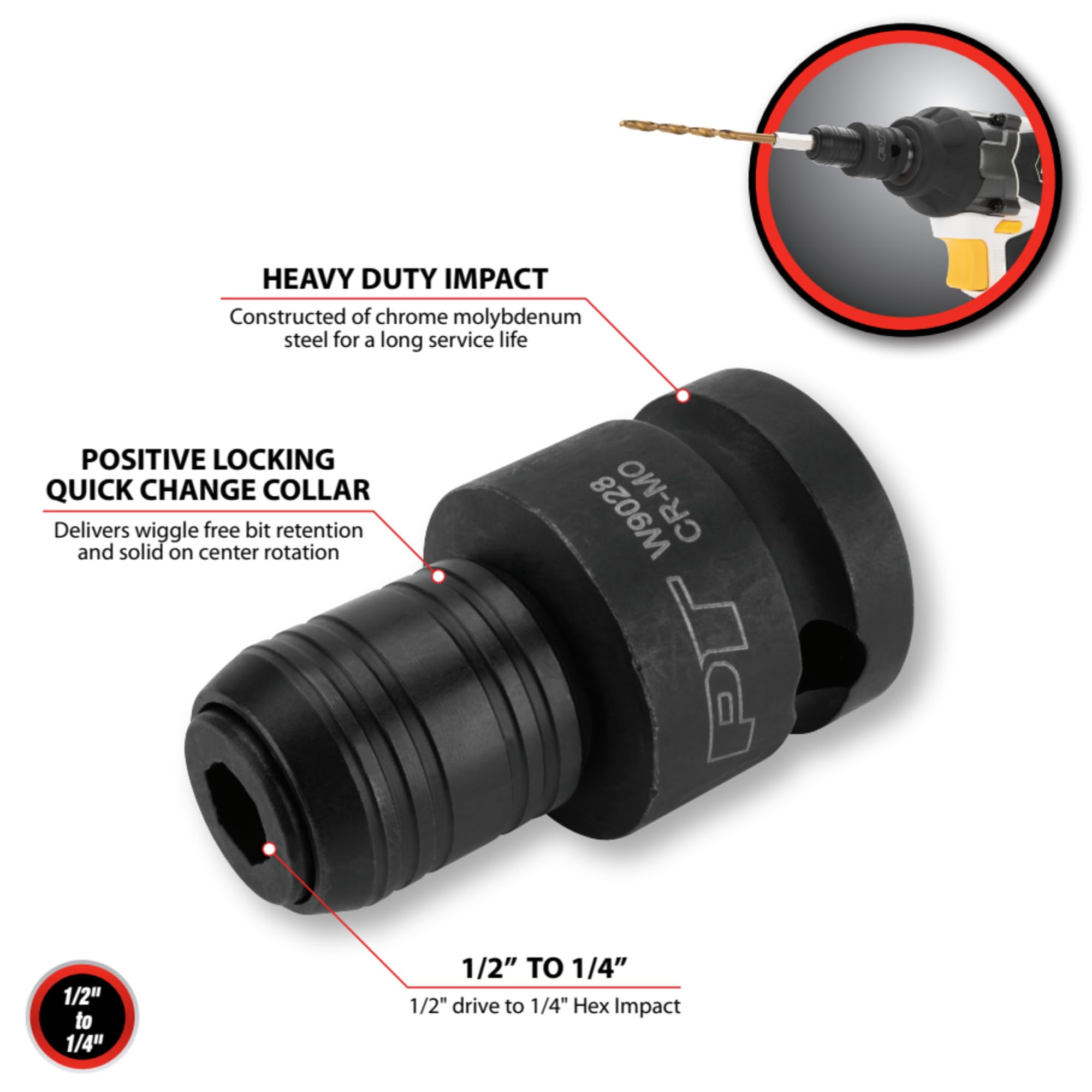 2 Adattatori Per Avvitatore A Percussione – 1/2" Su 1/4" In Acciaio Al Cromo Molibdeno, Sfera 40mm E Telescopico 50mm, Per Bricolage E Riparazioni