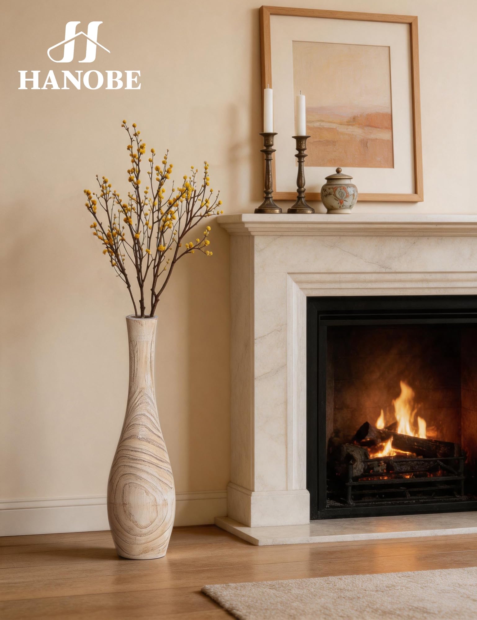 Hanobe Vase Deko Groß Bodenvase: Holz Hoch Boden Vasen Skandinavische Deko XXL Flur Wohnzimmer - 56cm Landhausstil Natur Blumenvase mit Loch für Pampasgras