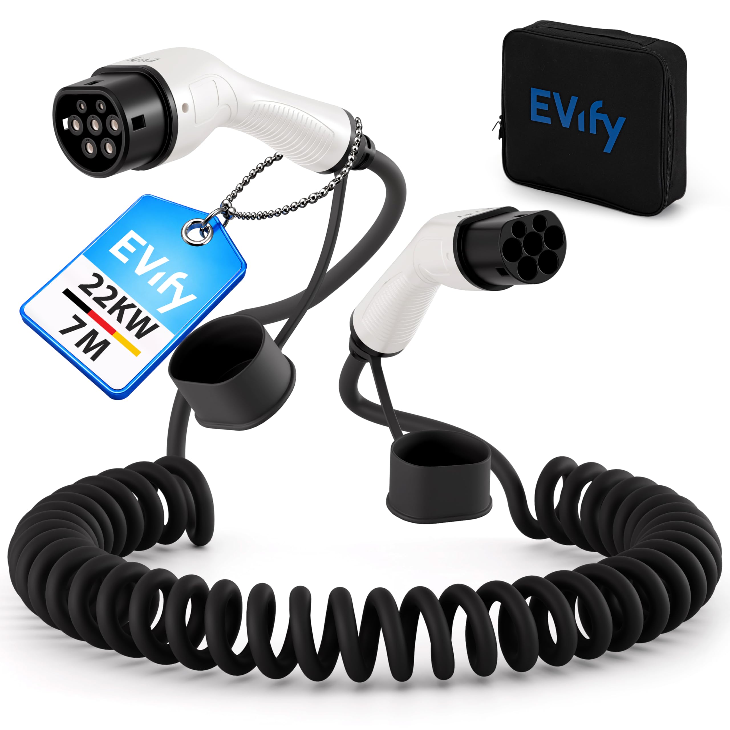 Typ 2 Spiralladekabel 22kW 7M 32A für Elektroauto & Hybrid inkl. Kabeltasche • Spiralkabel 3 phasig für EV PHEV • Platzsparend, geeignet für alle E Autos Modell 3 S X Y, ID3, ID4, ID5