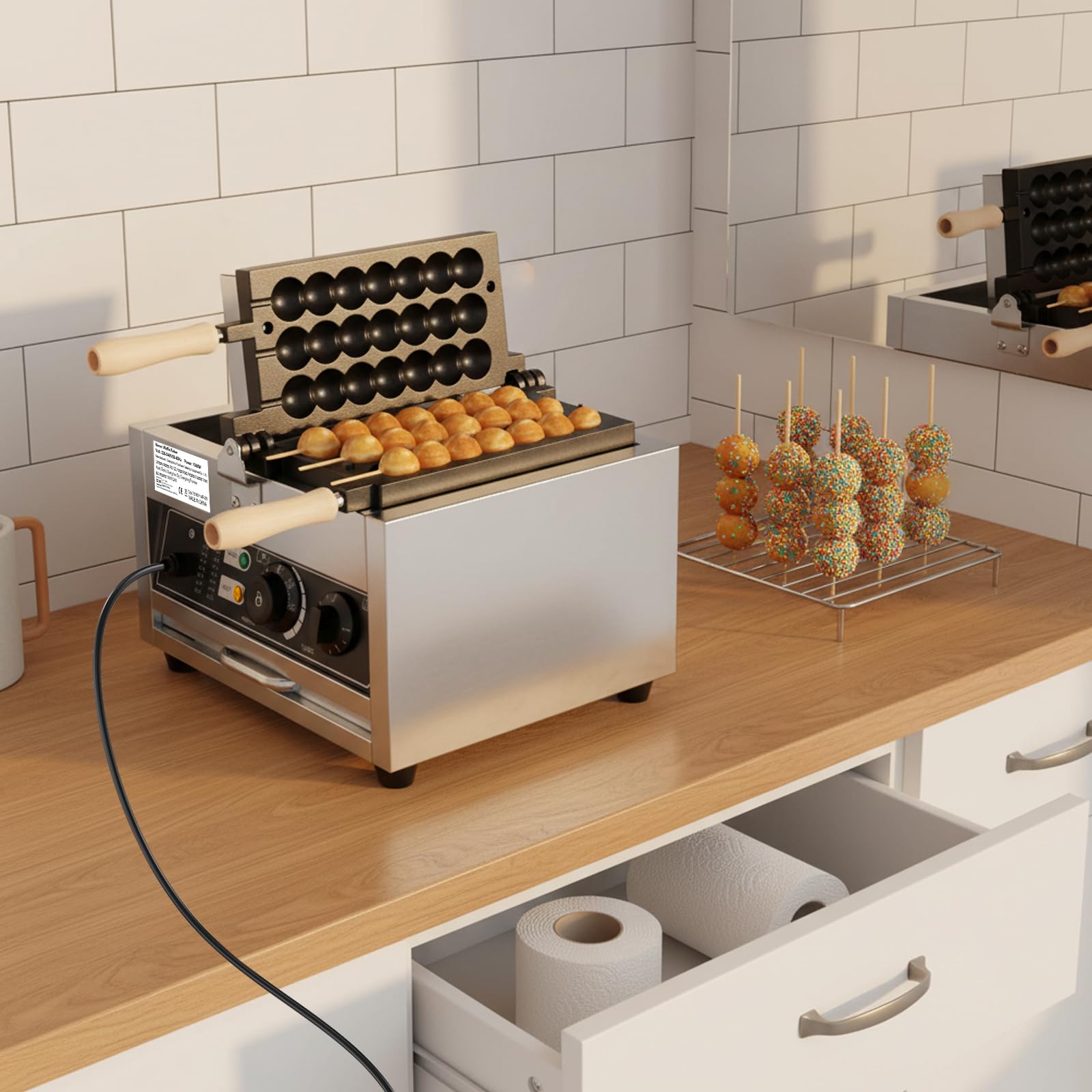 Máquina de gofres profesional de 1500W de acero inoxidable con indicador LED de temperatura ajustable 50-300°C,para la fabricación de panqueques, muffins y gofres