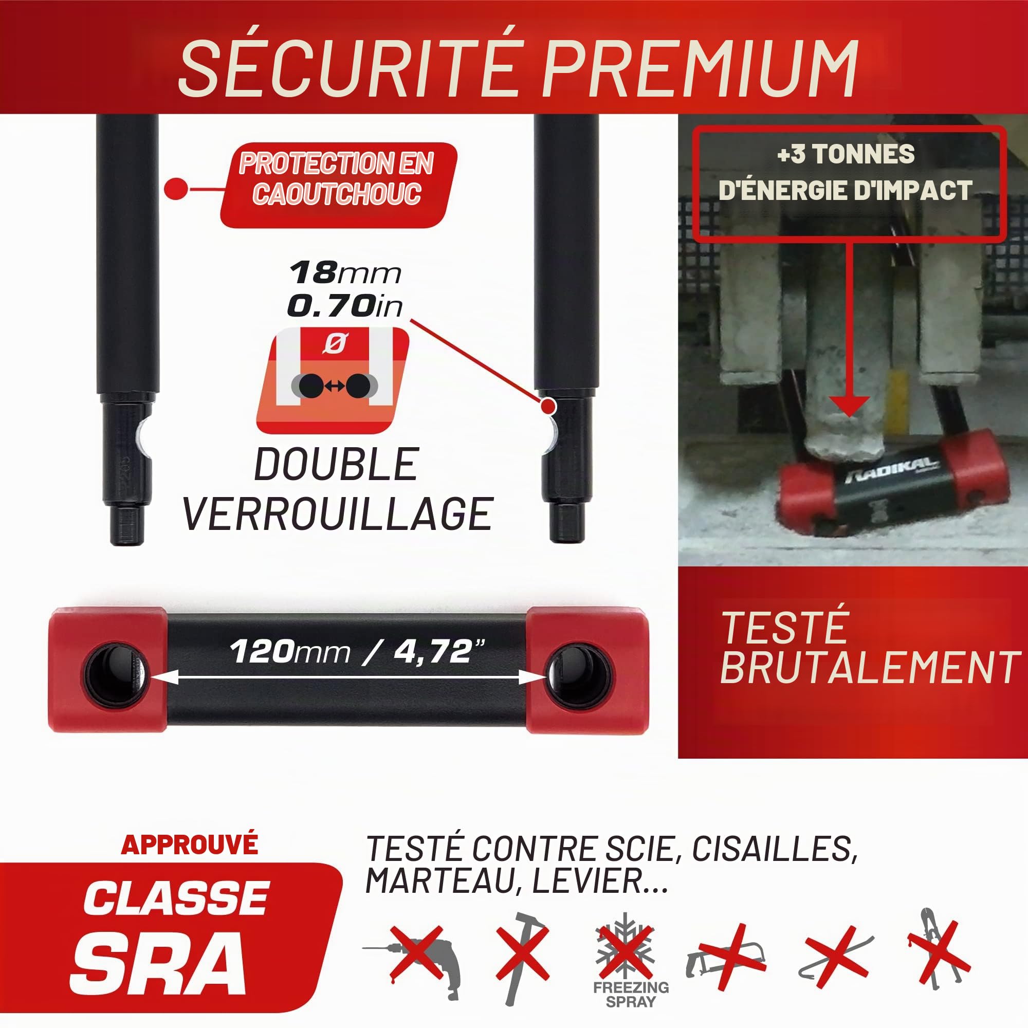 RADIKAL RK120220 Antivol Moto et Vélo Premium Homologué SRA, U Ø18mm en Acier Cémenté, Blocage Haute Sécurité, Double Verrouillage, Revêtement Protecteur, Antivol Vélo Électrique Scooter, 120x220mm