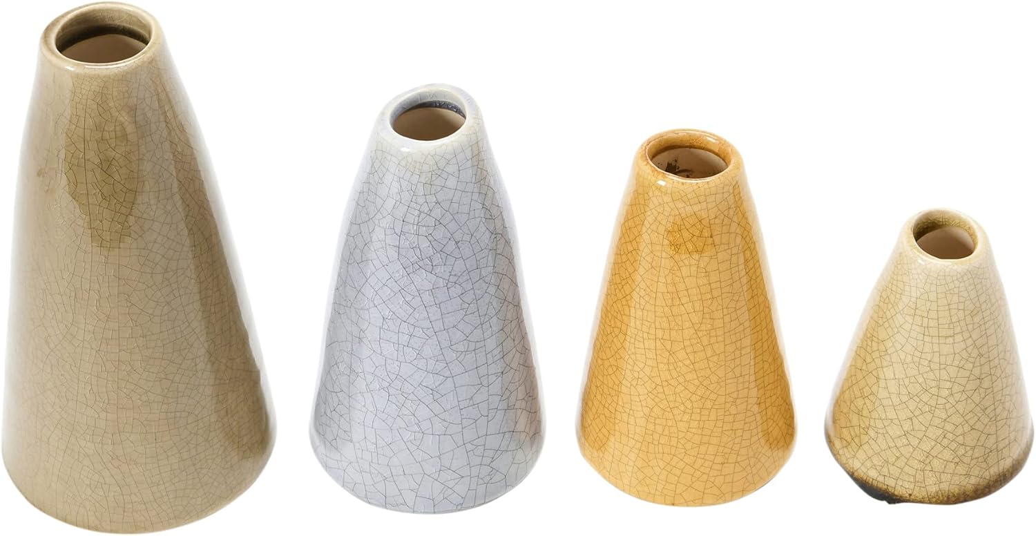 Creative Co-Op Conical Stoneware Bud Vases in Crackle Glaze, Beige/Mustard Tones, Set of 4