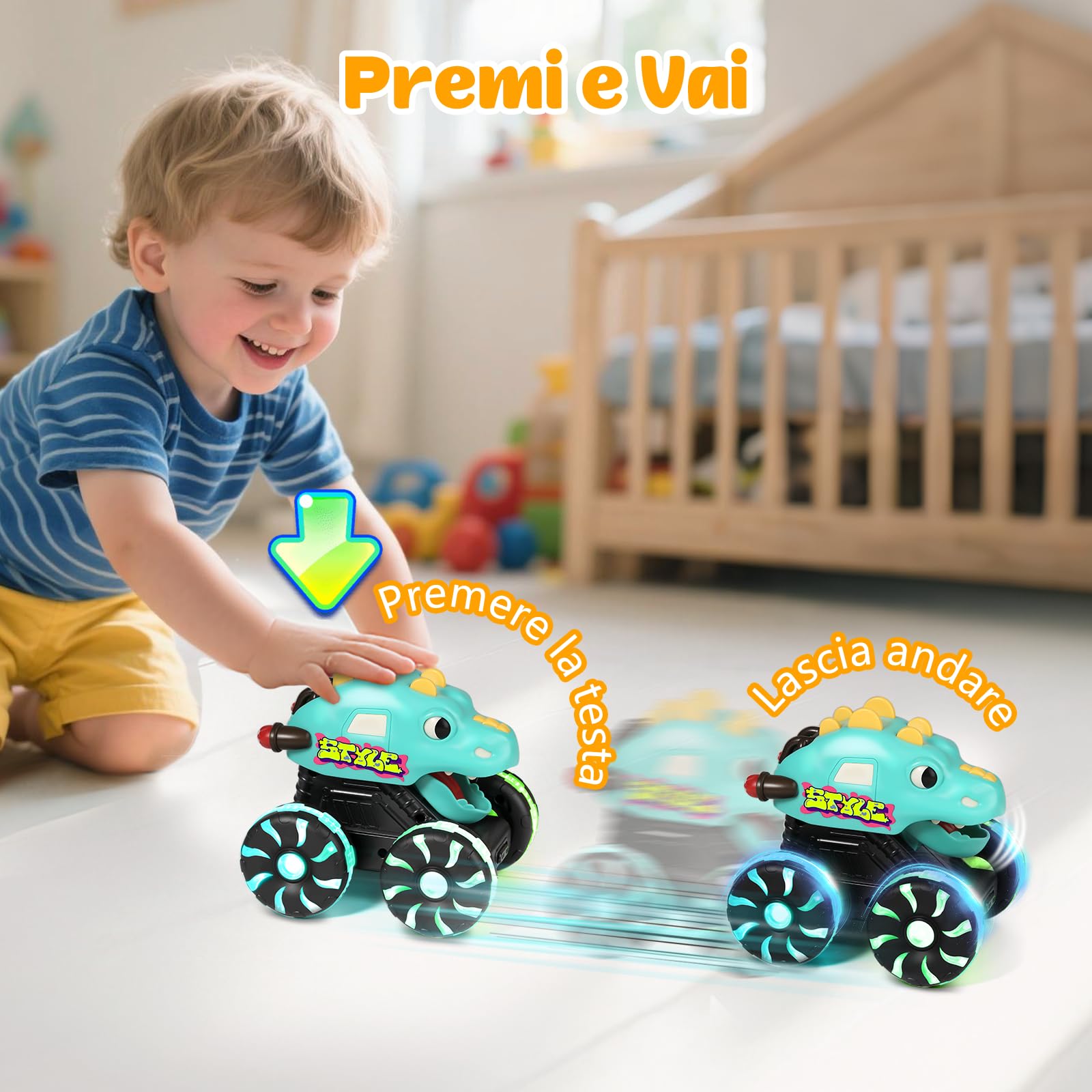 MOONTOY 3 Pezzi Dinosauro Giocattolo con Luci, Monster Truck Press and Go, Macchinina Bambino 1 Anno, Regalo di Compleanno e Natale per Bambini e Bambine 1 2 3 Anni