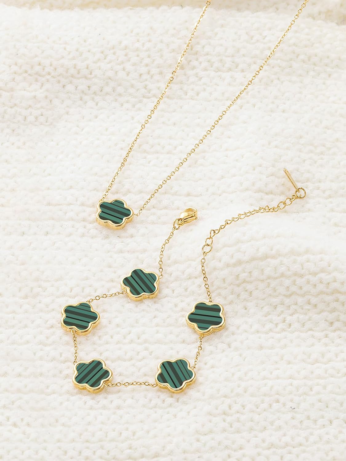 Four Leaf Clover Necklace and Bracelet Set for Women Lucky Flower 14K Gold Jewelry