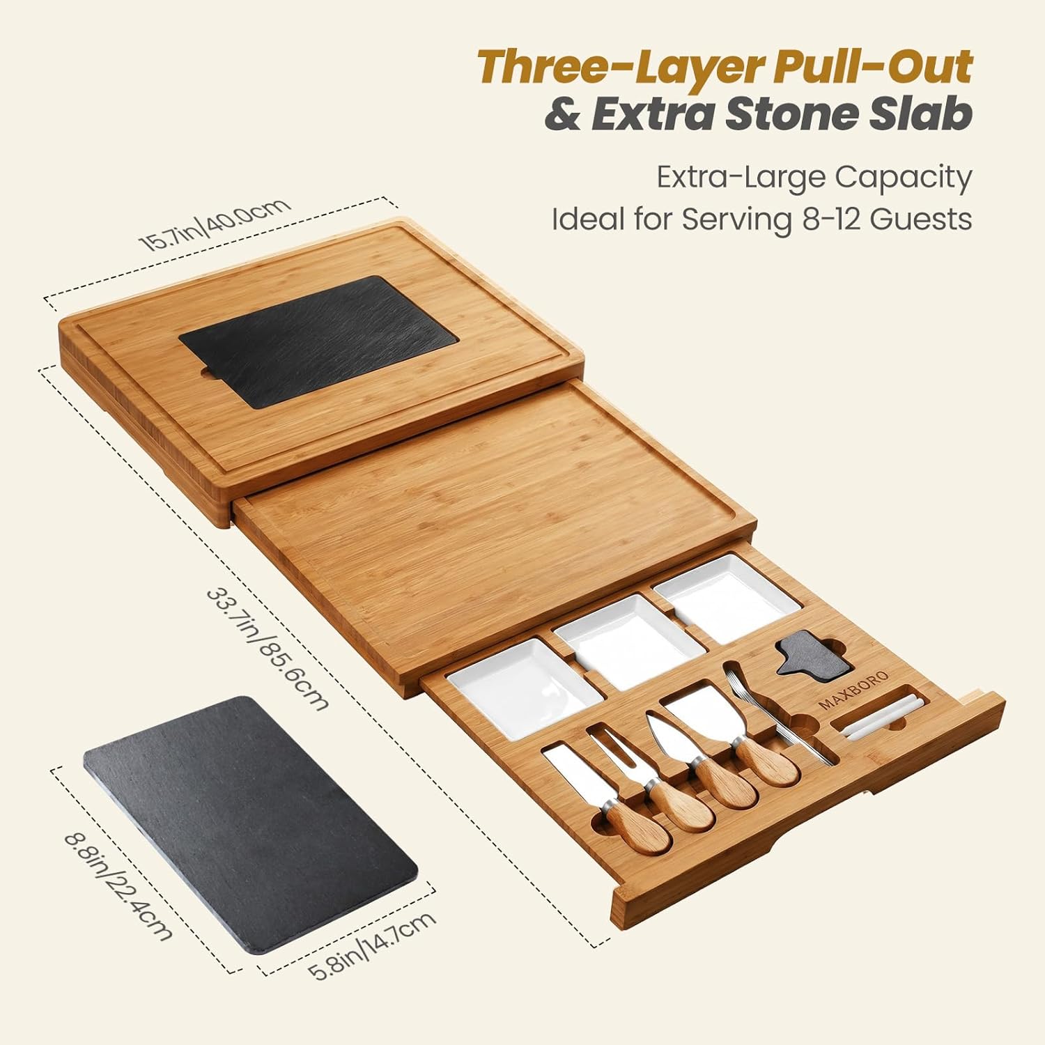 Extra Large 33.7x15.7 inch Charcuterie Boards Gift Set, 100% Bamboo Cheese Board and Knife Set, Cool Meat Cheese Platter Tray, House Warming Gifts New Home, Ideas for Women Mom, Carbonized Bamboo