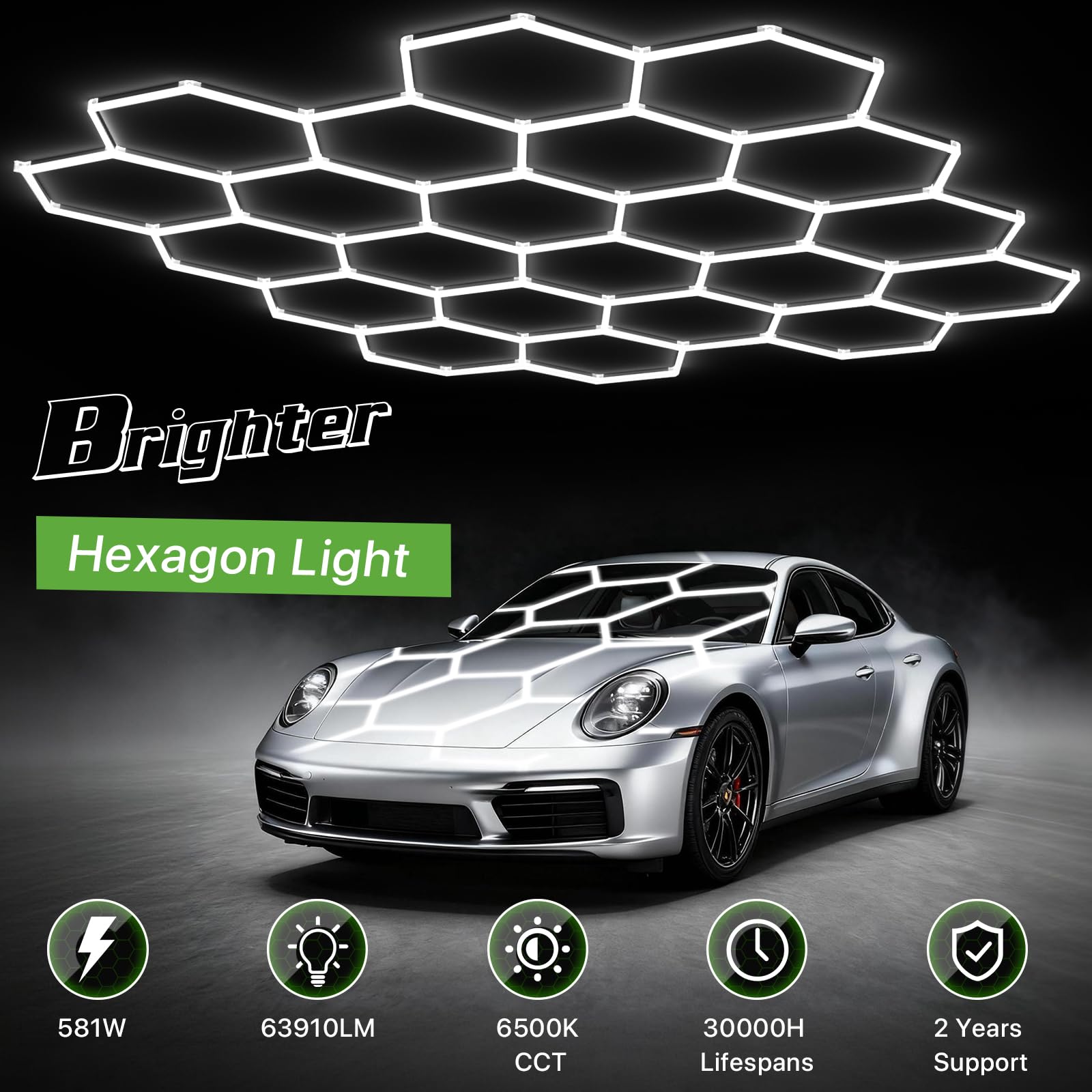 Glitgate Luz LED hexagonal para garaje, 581 W, 63910 lm, sistema de iluminación hexagonal de 22 rejillas, luz de techo ultra brillante de 6500 K para garaje, tienda de detalles de automóviles, taller