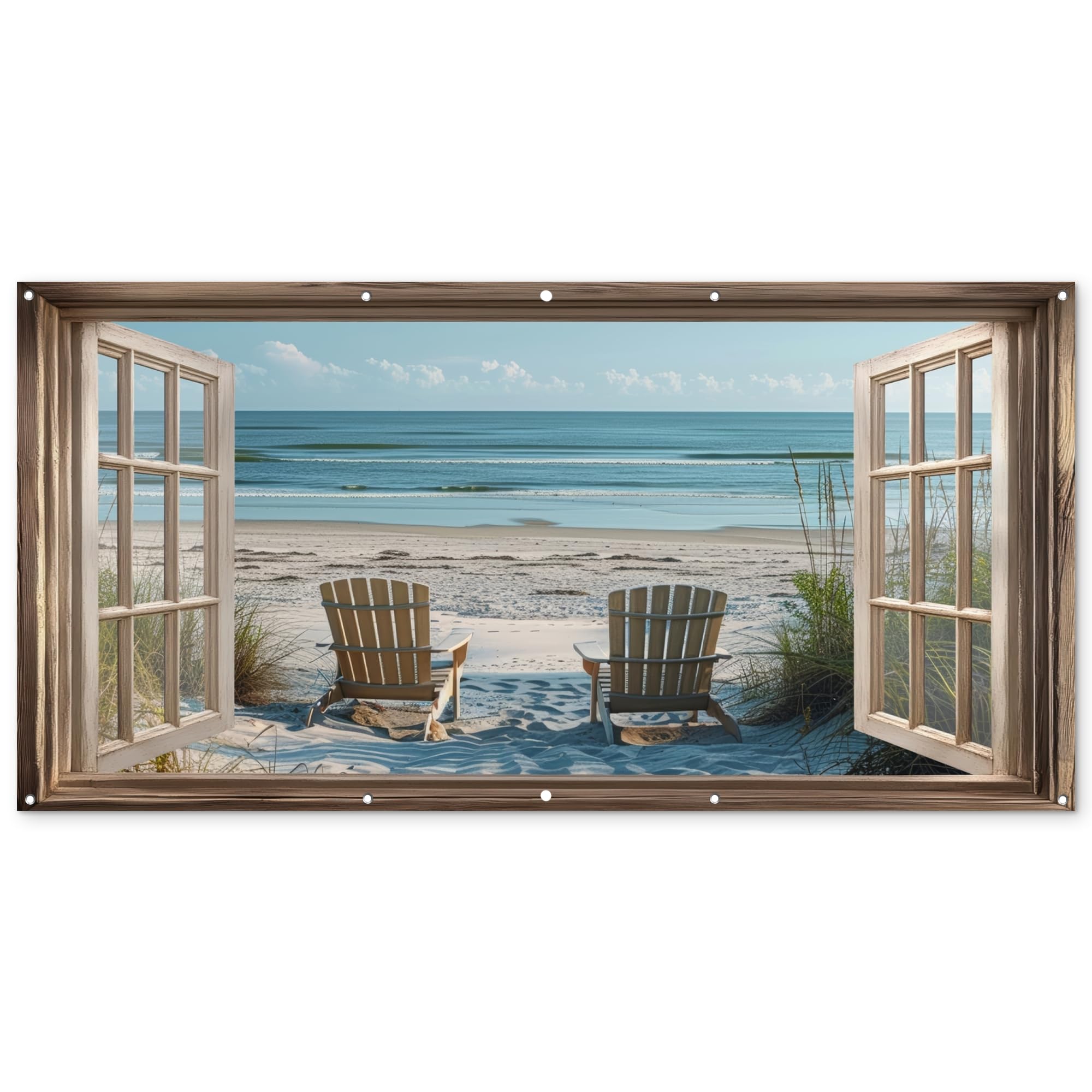 MuchoWow© Póster De Jardín 200x100 cm Terraza Exterior Accesorios Jardin Decoracion Pared Decorativa Balcon Wall Decoration Posters Decorativos Transparente - Sillas Playa - Dunas - Mar