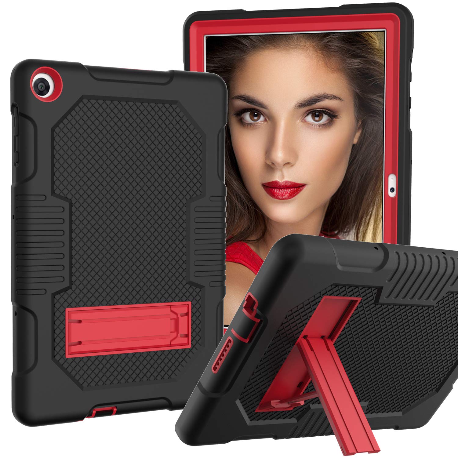 HBS Case Compatible with Huawei MatePad T10 / T10s 9.7"2020 AGR-L09 / AGR-W09,Resistant shockproof protection Silicone + PC 3-In-1 / Tough Armor/Support-BLACK+RED