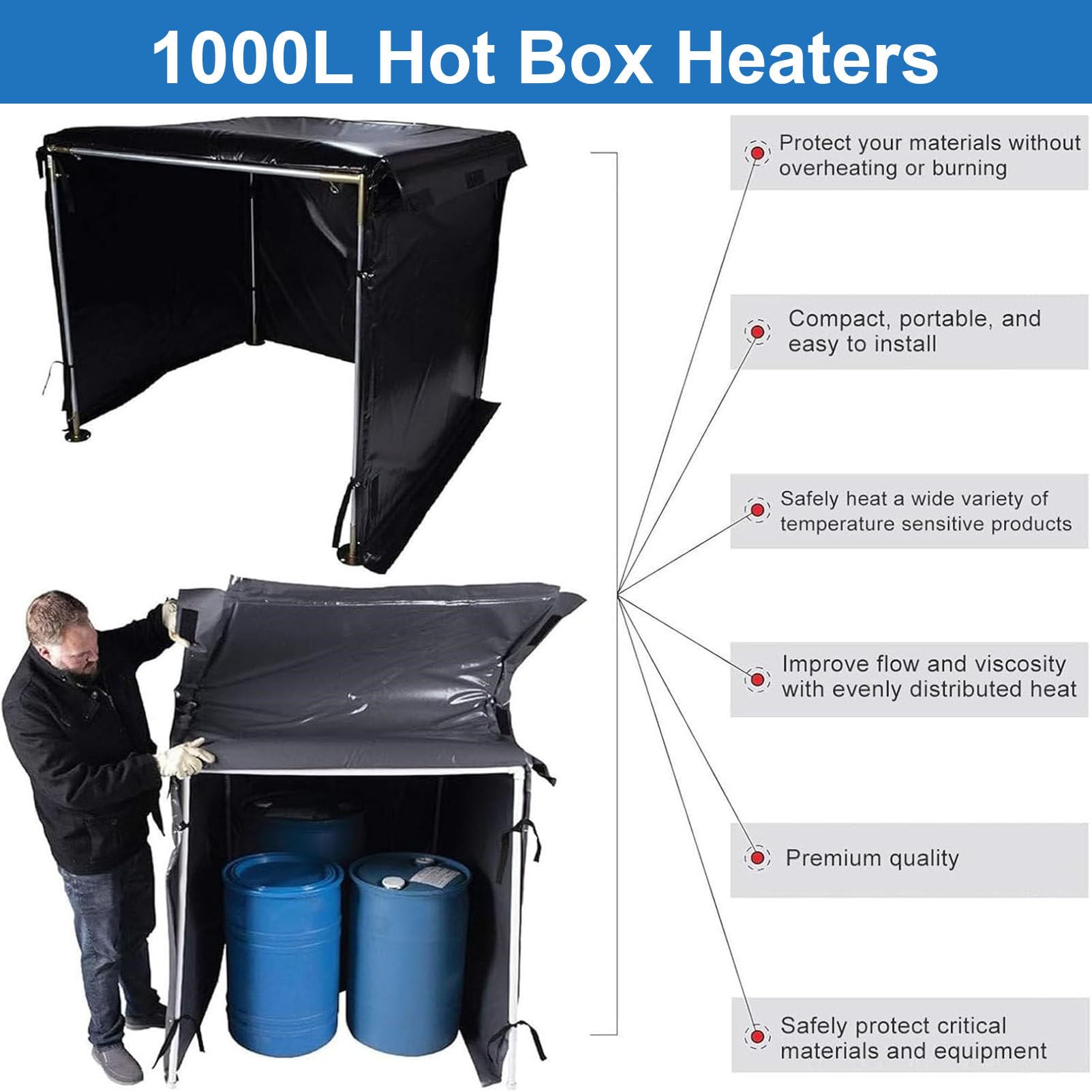 200L/1000L IBC-Tonnenfassheizung, mit 0~150℃ Temperaturregler, wasserdichte Heizisolierdecke, für Ölfässer, Rohre, Wassertanks Black-275Gallon/1000L