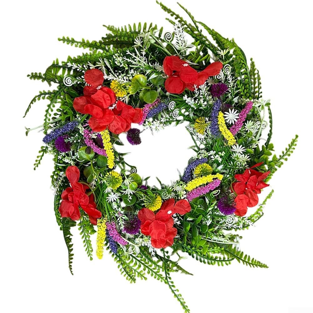 Generisch Ghirlanda per fiori selvatici, 45 cm, in plastica, resistente | Design realistico, mix di fiori selvatici, per interni ed esterni, diametro 45 cm, materiale resistente alle intemperie (45