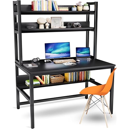 Aquzee Computer Desk with Hutch and Bookshelves, Large Leg Room 47 inch Width Black Desk with Space Saving Storage Shelves for Home Office,Study, Work, Easy Assemble