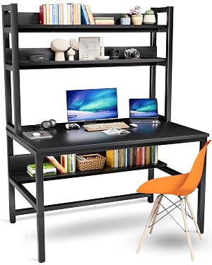 Aquzee Computer Desk with Hutch and Bookshelves Large Leg Room 47 inch Width Black Desk with Space Saving