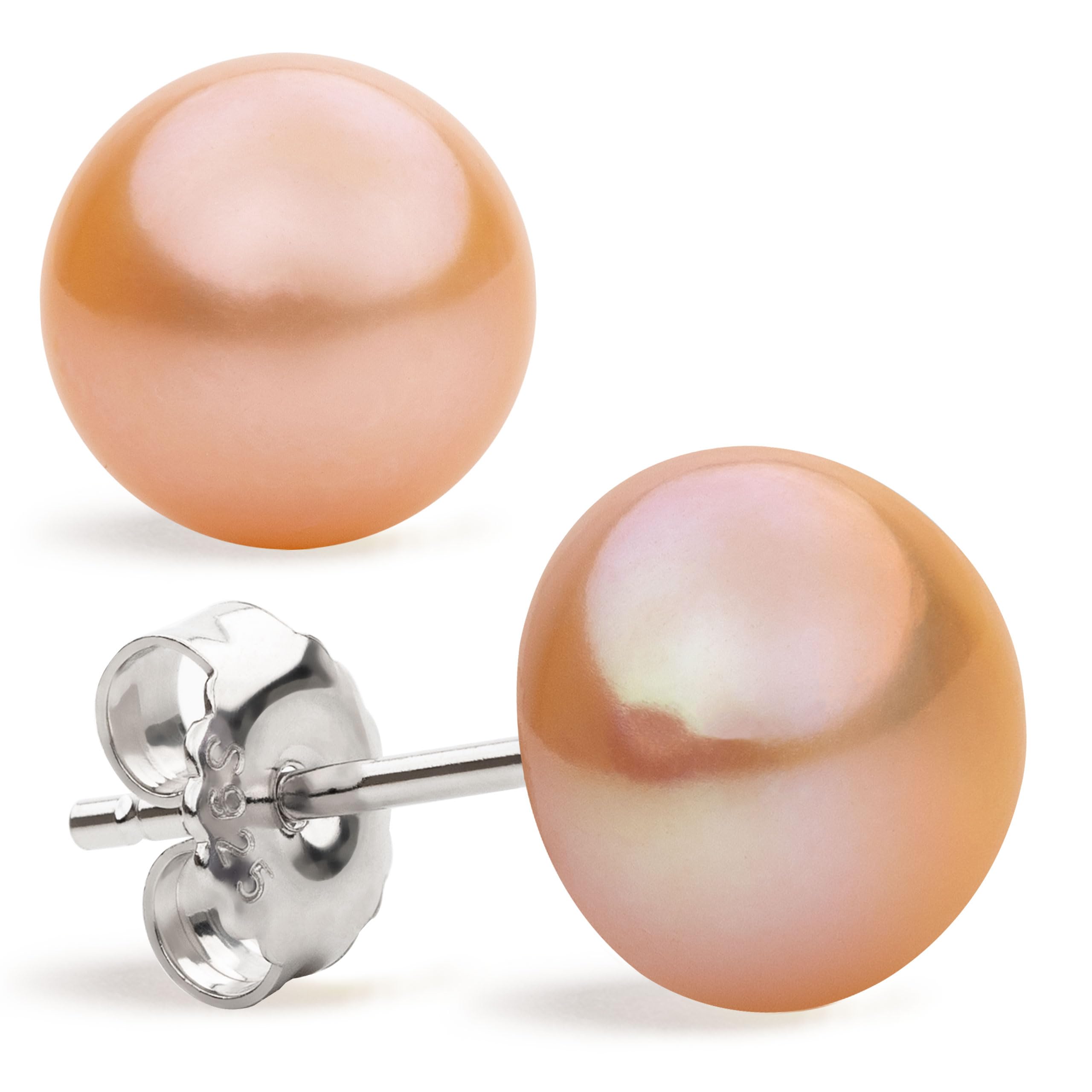 Orecchini da donna di perle bottone coltivate d'acqua dolce in colore arancio pesca SECRET & YOU - Argento sterling 925 - Disponibile in 4 misure da 8 mm a 11 mm