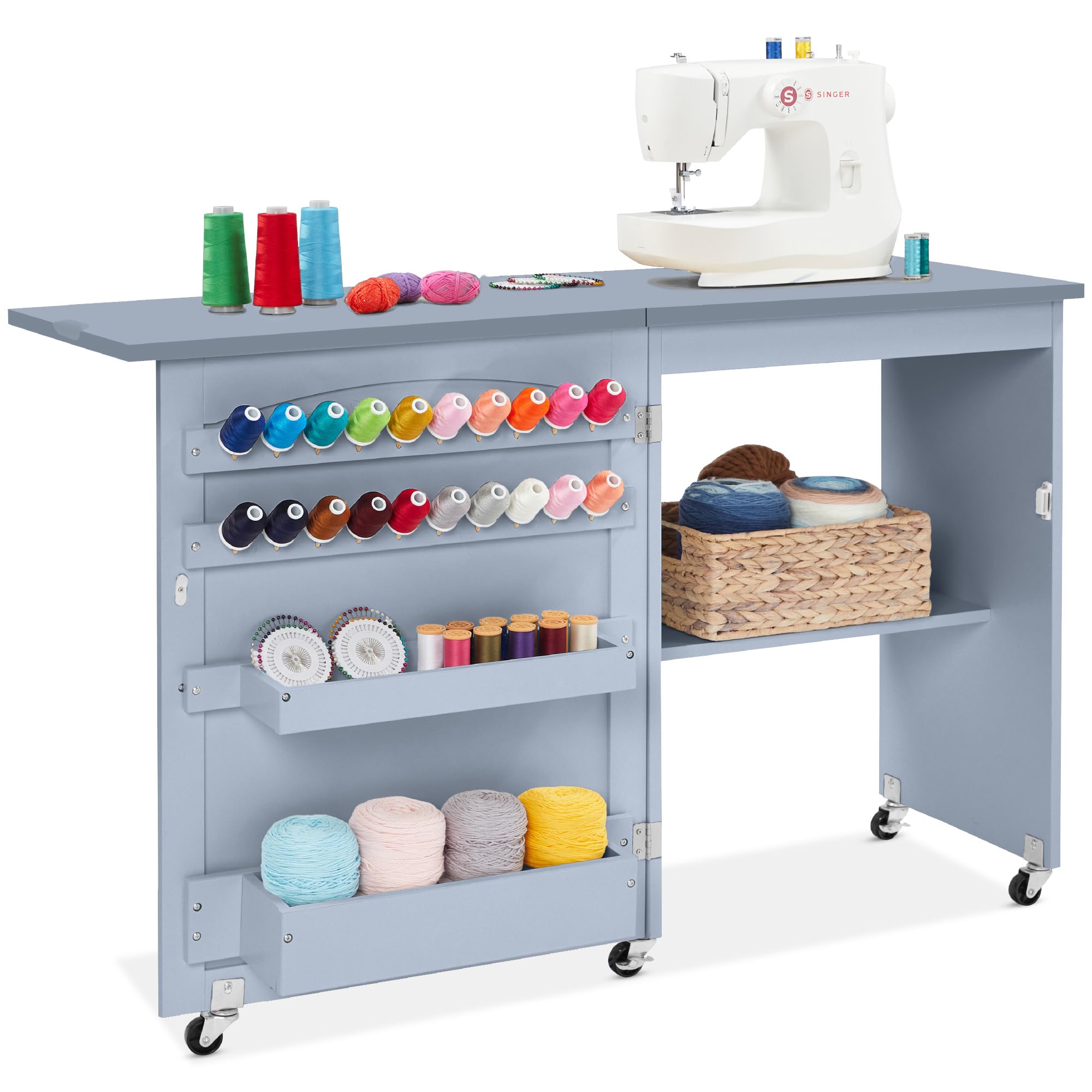 Folding Sewing Table Multipurpose Craft Station & Side Desk with Compact Design, Wheels, Shelves, Storage Trays, Pegs, Magnetic Doors, Metal Doorknobs - Light Blue