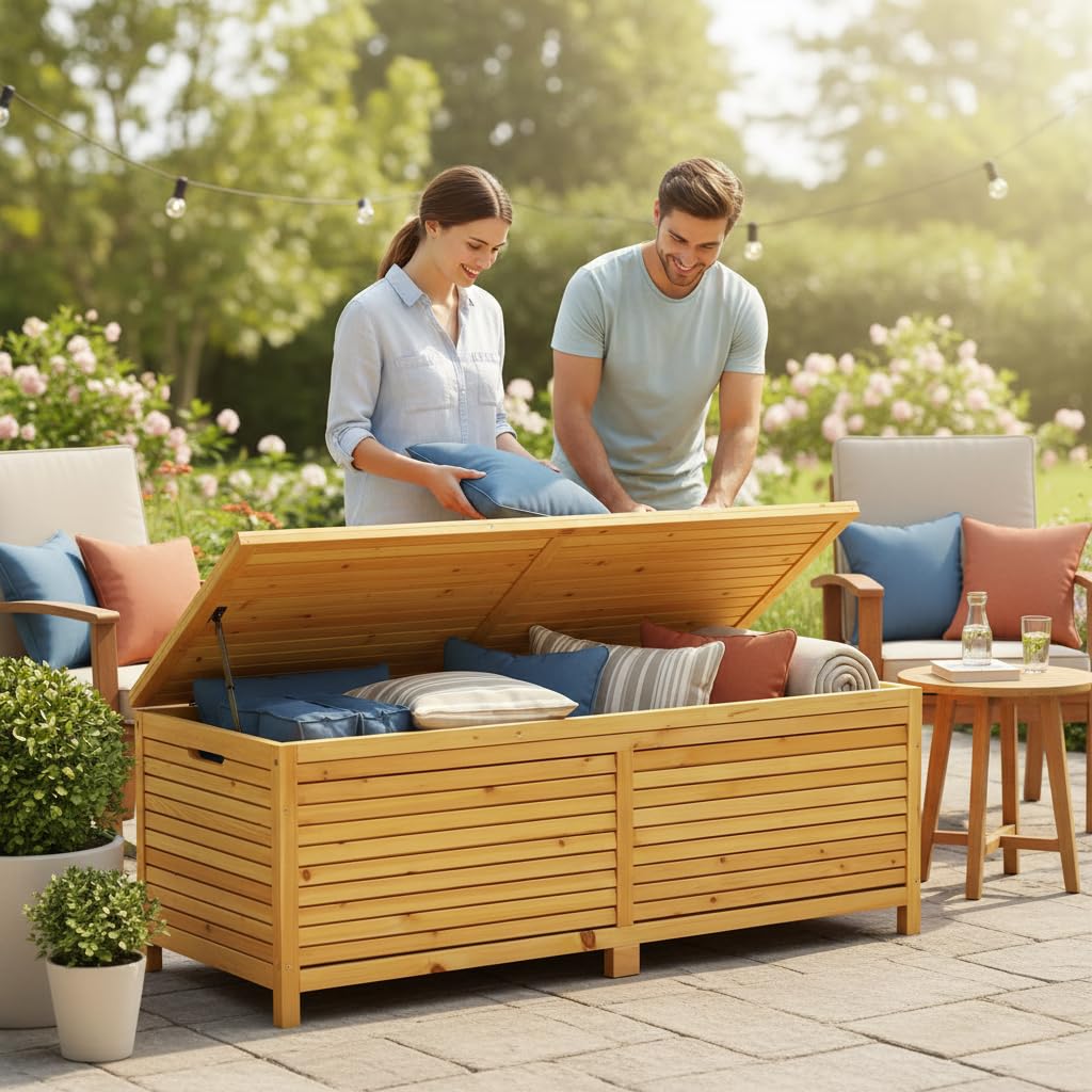 Melko 140CM Boîte de soutien en bois coussins jardin Coffre de soutien Coffre en bois Poitrine en bois