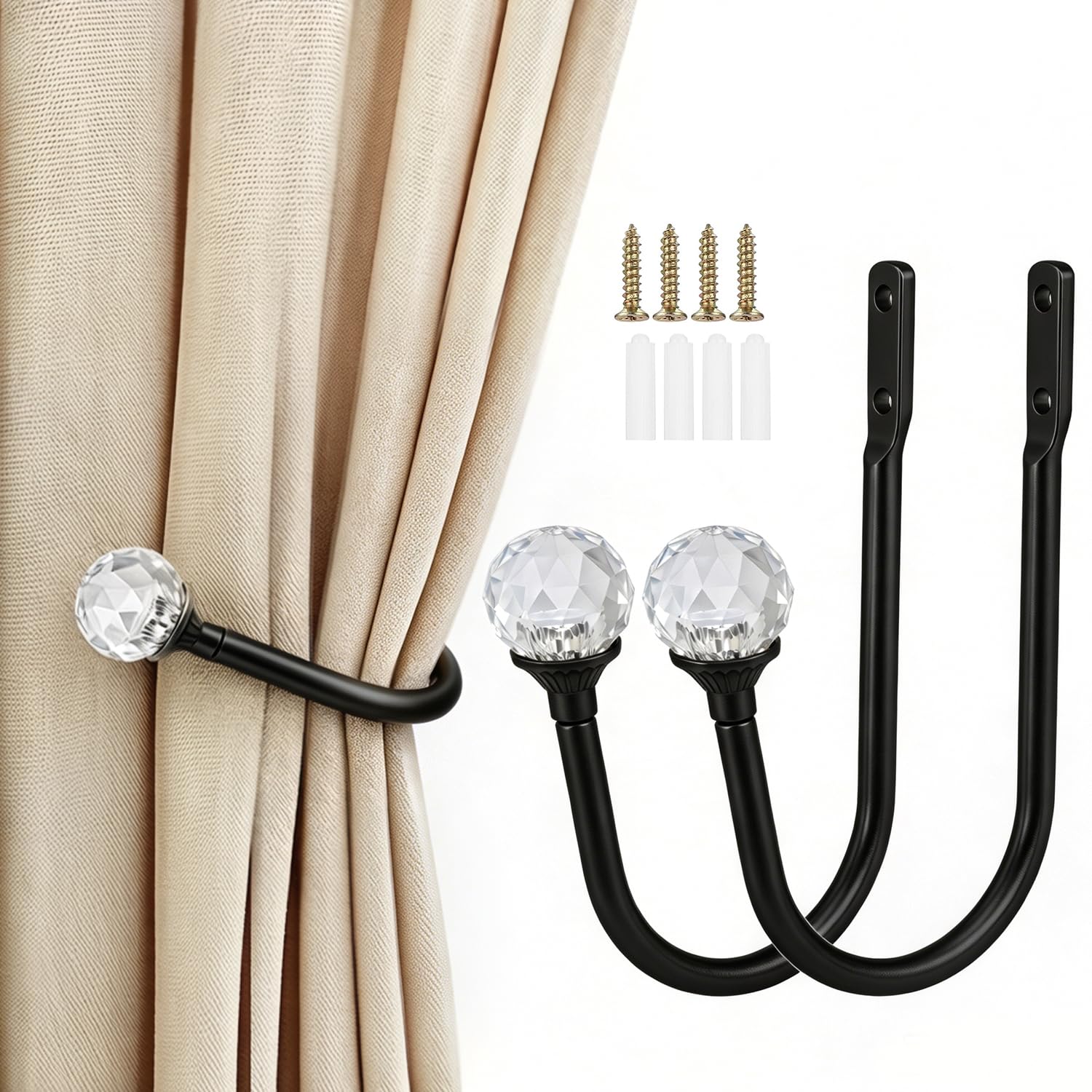 2 Pcs Black Curtain Tie Backs Hook With Crystal Finials