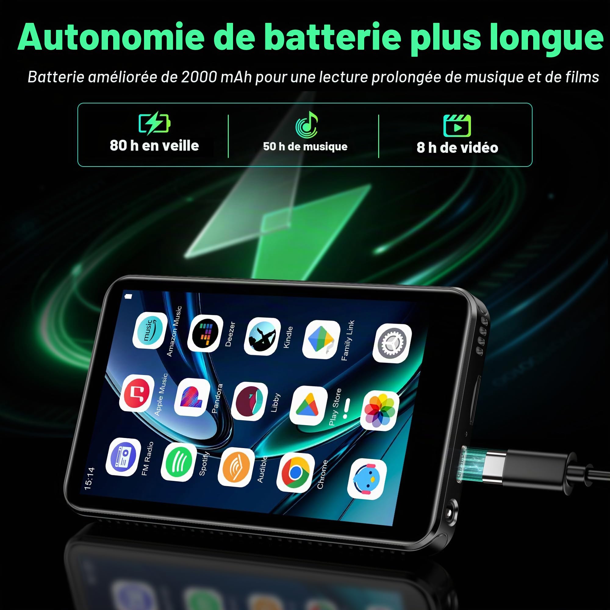 Lecteur MP3 SWOFY D08 32GB sous Android 13, écran Tactile 4 Pouces. Doté du Bluetooth et du WiFi, il Prend en Charge Spotify, Audible, Play Store et la Radio FM. Capacité Extensible Jusqu’à 1 to